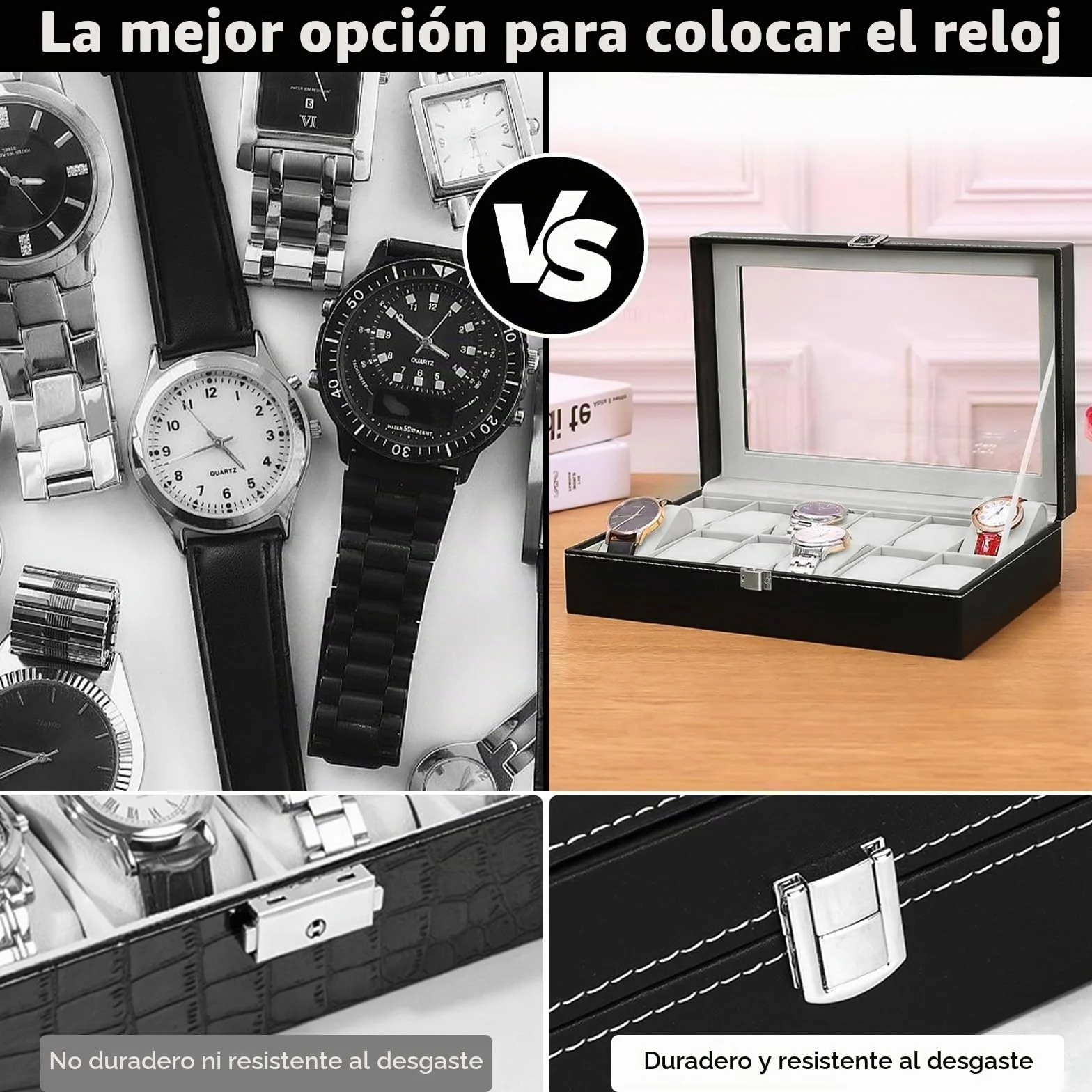 Caja para Relojes con 12 Compartimentos, Cristal y Cojín Extraíble