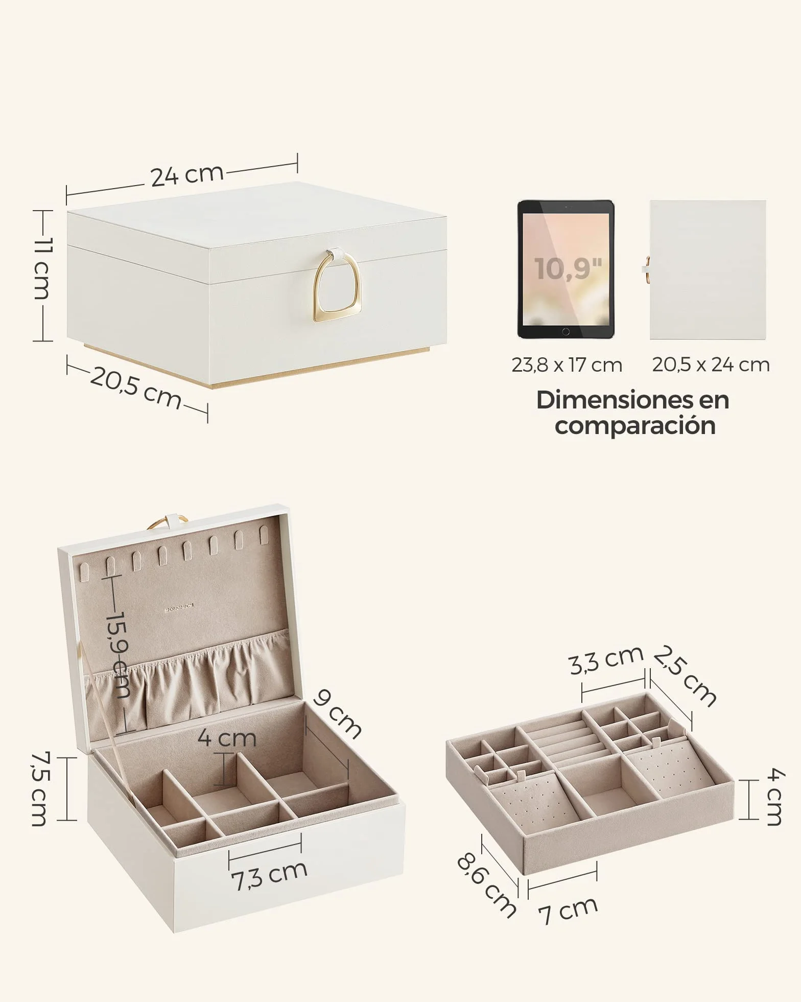 SONGMICS Joyero 2 Capas, Bandeja Flexible para Joyas, Efecto Flotante, 20,5 x 24 x 11 cm, Blanco