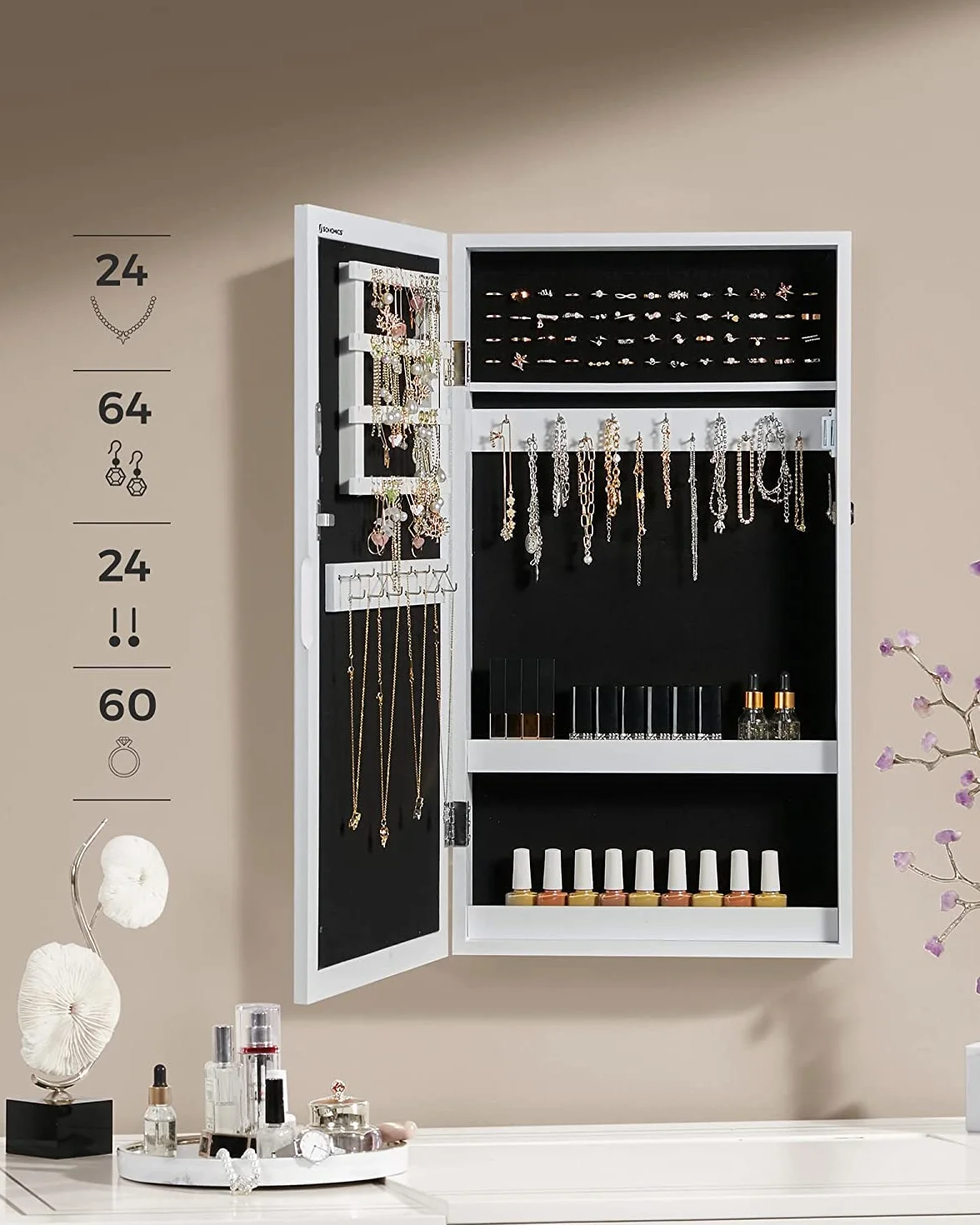 SONGMICS Armario Joyero de Pared con Espejo, Organizador de Joyas JBC51W