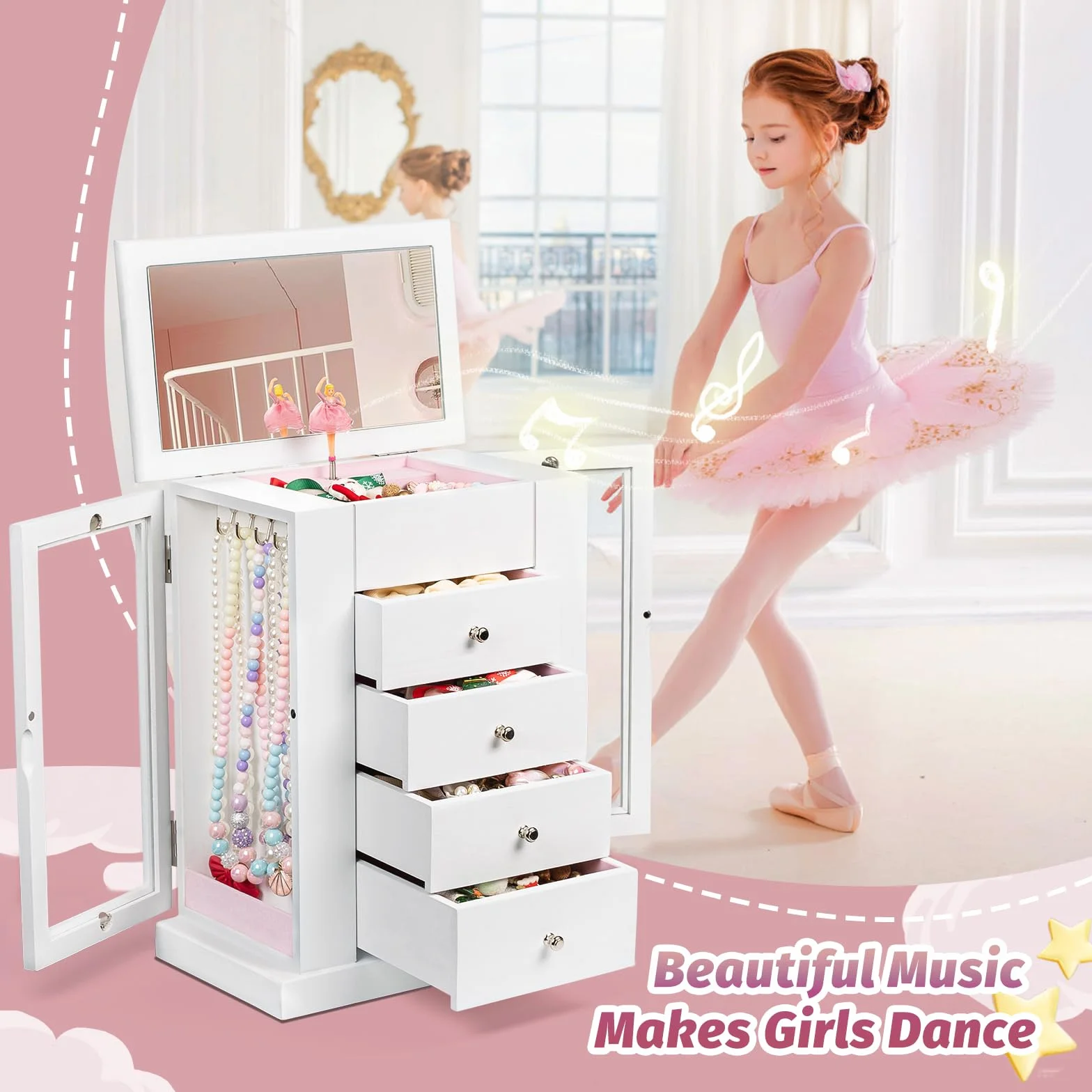 Joyero Musical Niña Madera Bailarina Giratoria 5 Niveles Regalo Blanco