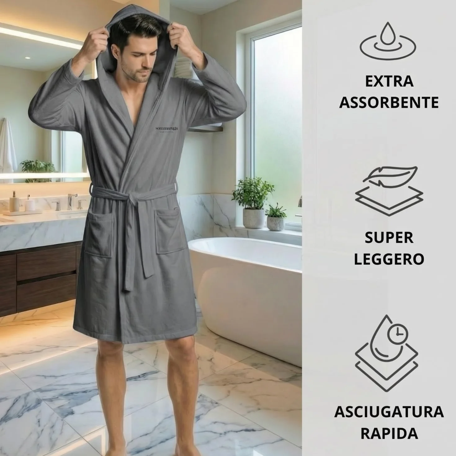 Albornoz de microfibra con capucha y bolsillos secado rápido transpirable