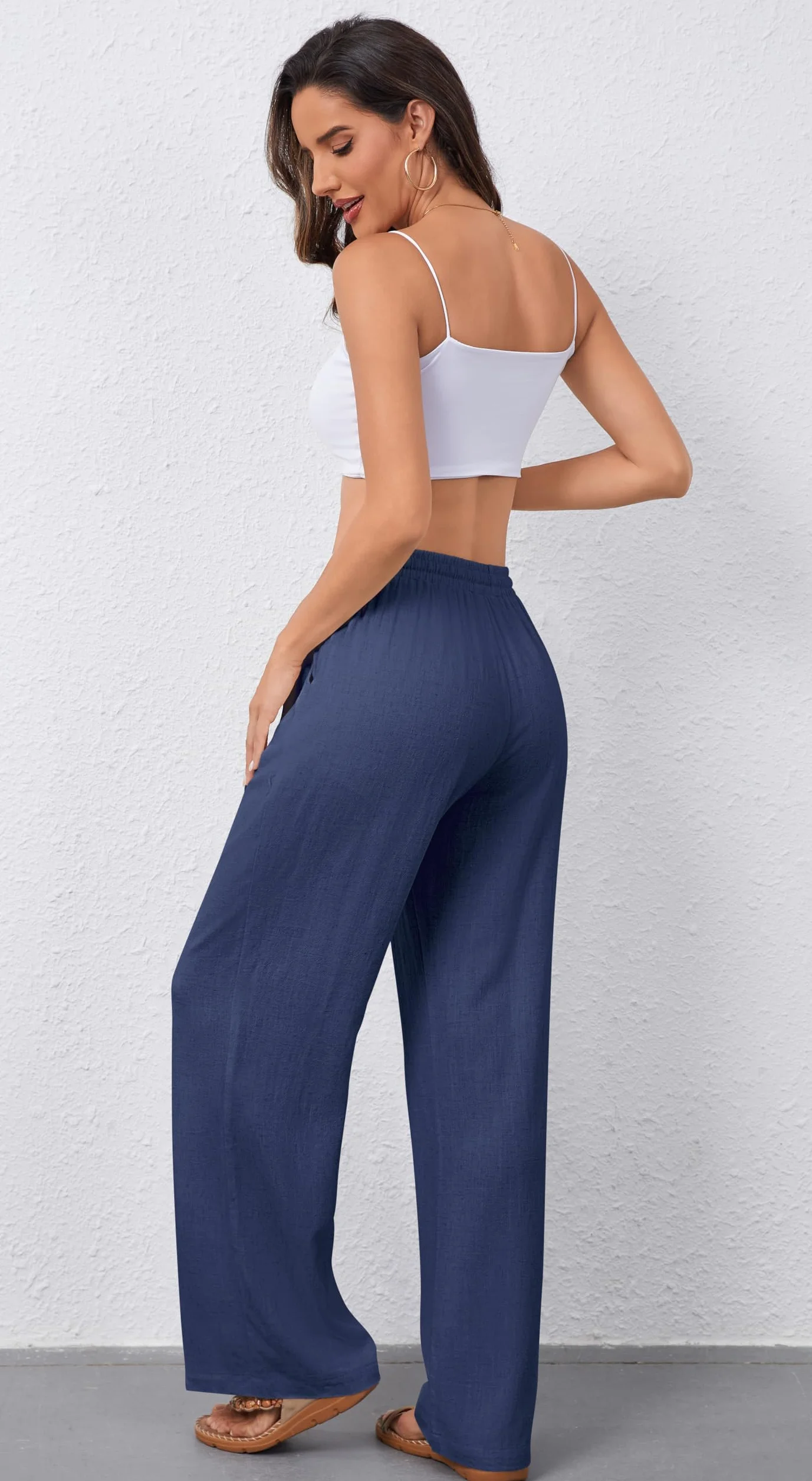 Pantalones de Algodón para Mujer con Cintura Elástica y Pierna Ancha