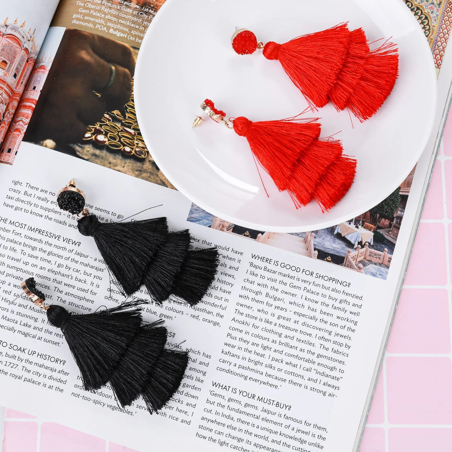 Pendientes Bohemios Borla Capas Colgantes Boho Hilo Rojo Mujer