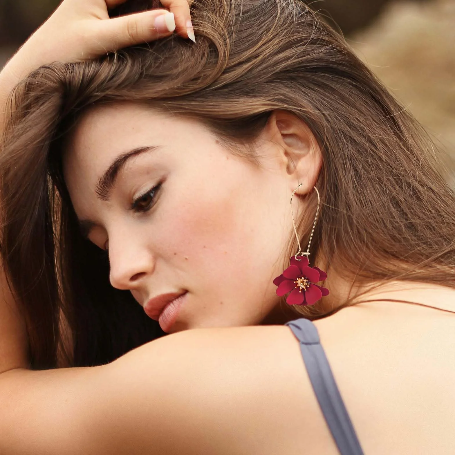 Pendientes Colgantes Flores Pétalos Florales Hada Margaritas Mujer Joyería Bohemio Rojo