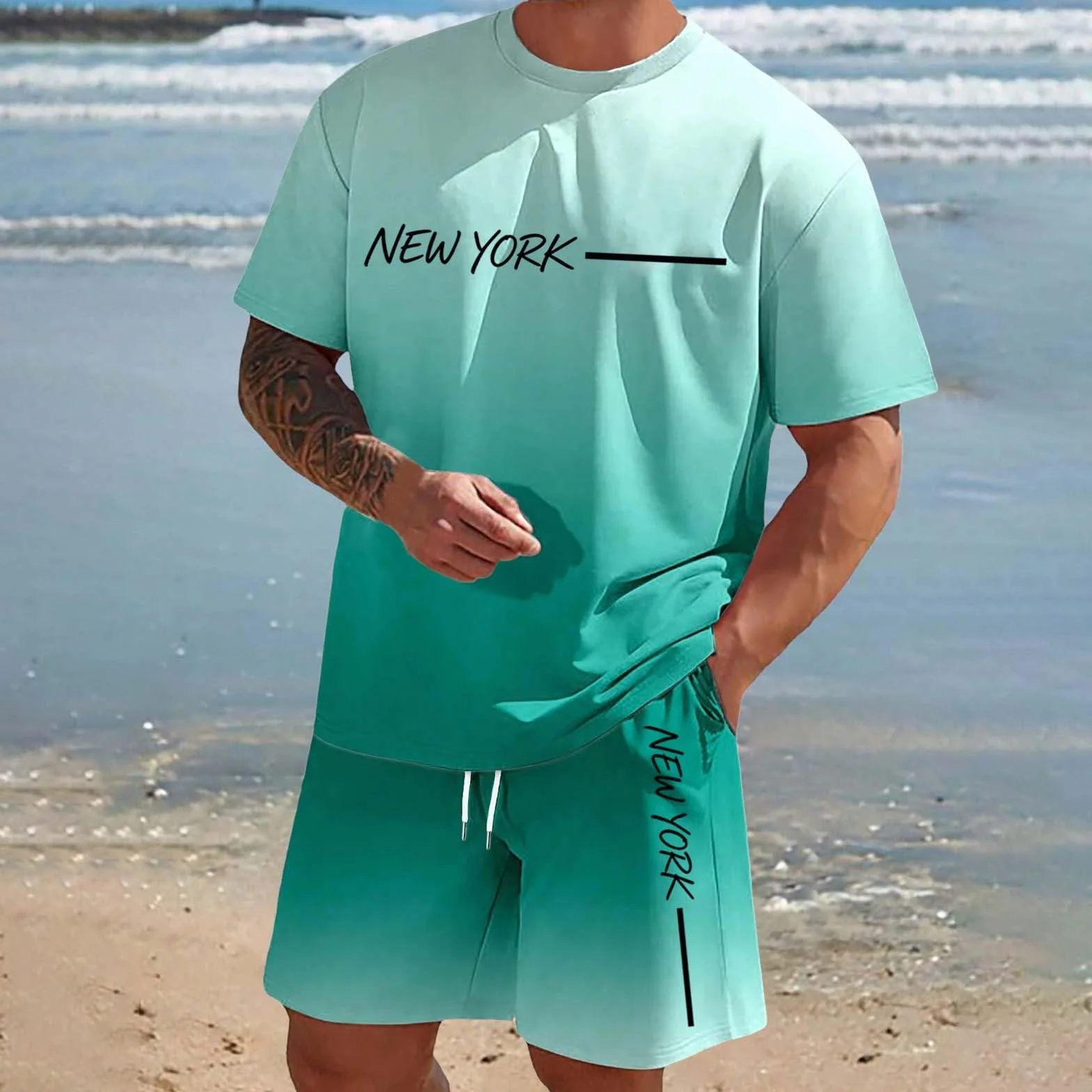 Conjunto Casual de Verano para Hombre Camiseta Manga Corta y Pantalones Cortos Estampado Degradado