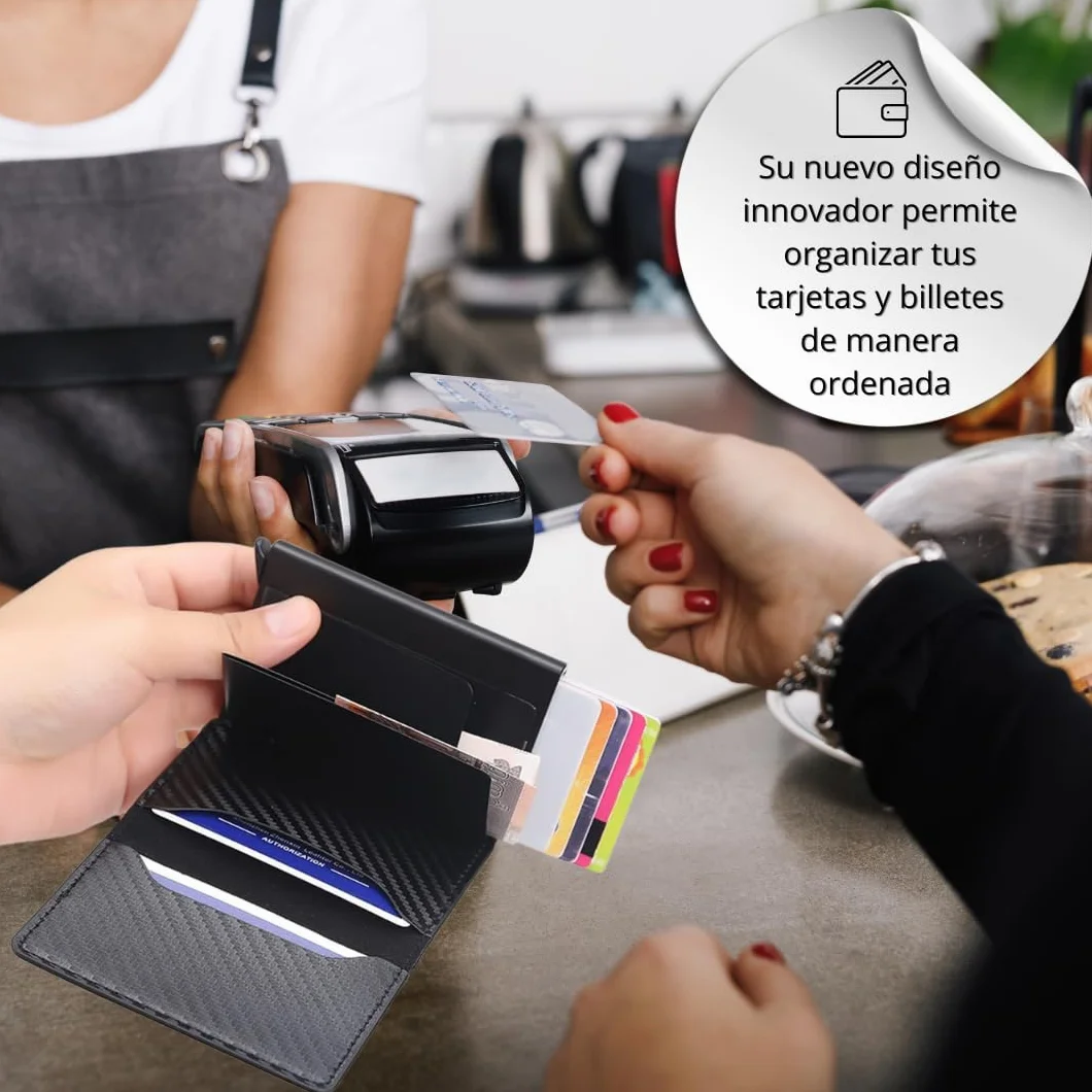 Cartera Hombre Pequeña con Tarjetero Automático Interior Aluminio Protección RFID Capacidad 6 Tarjetas Billetes Documentación Cuero Diseño Compacto Antirrobo