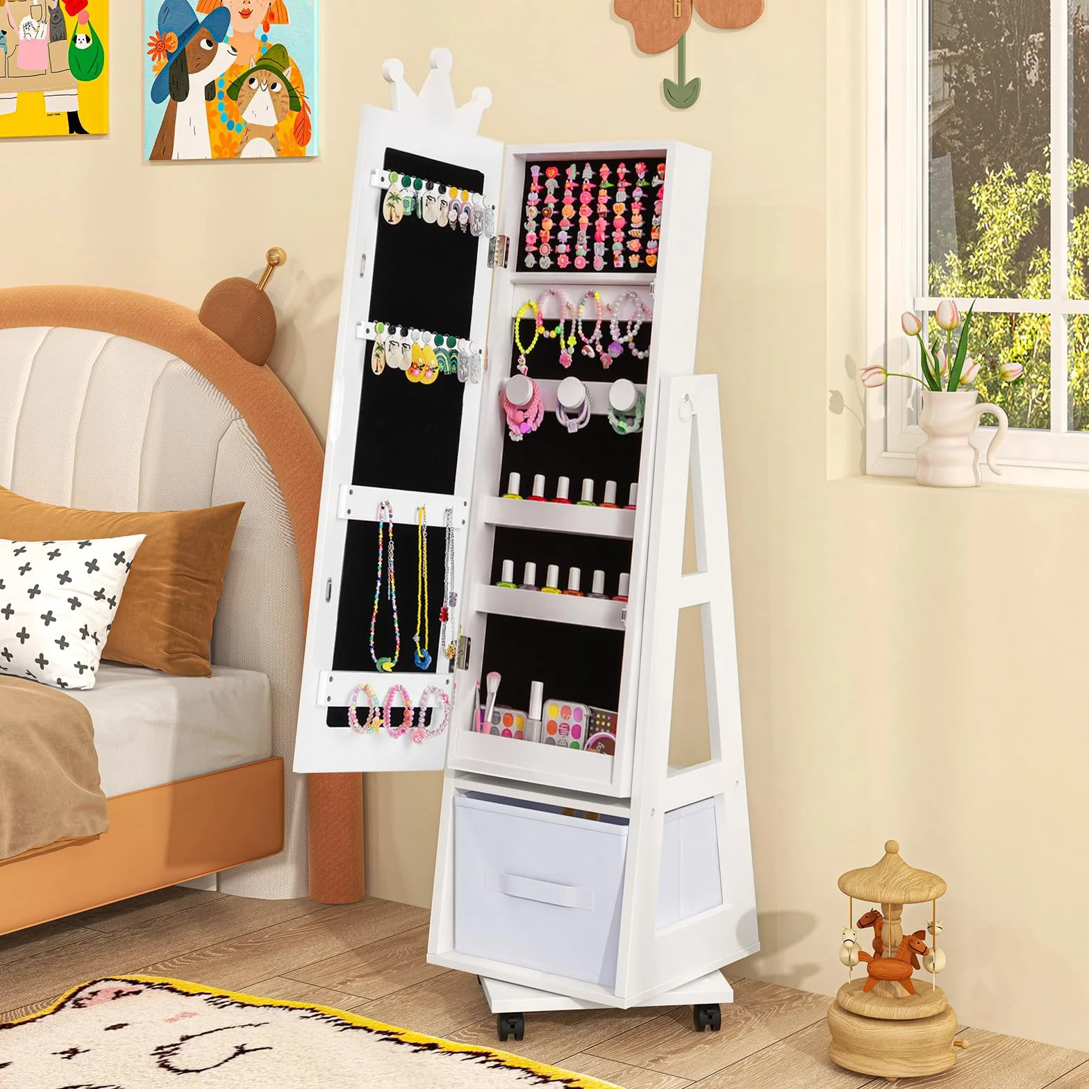 COSTWAY Armario Joyero para Niñas con Espejo de Cuerpo Completo y Base Giratoria, Blanco