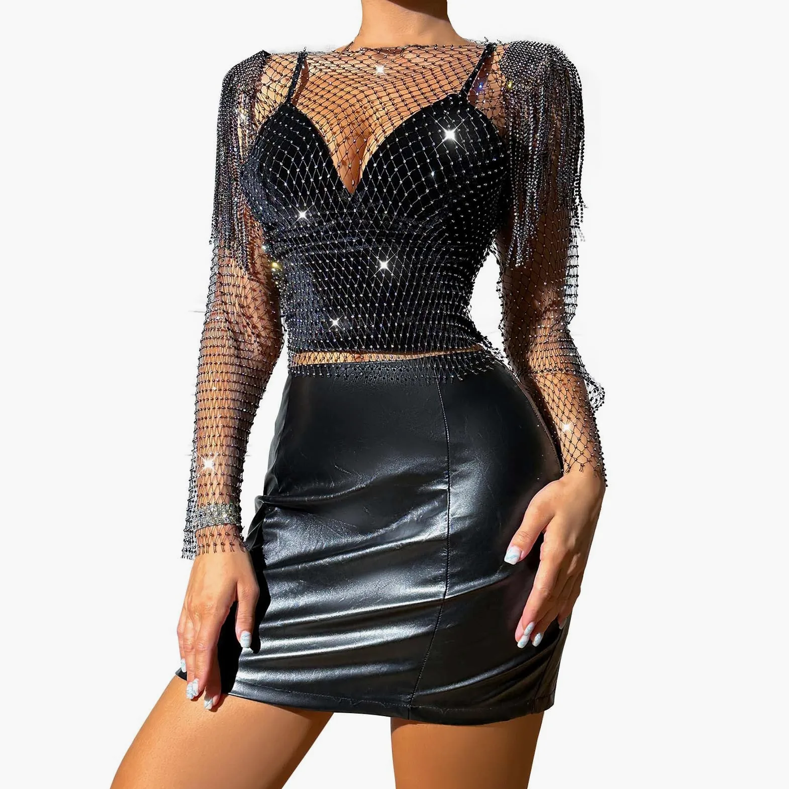 Tops Mujer Top de Rejilla Elegante para con Mangas Largas Luminosas y Detalles de Imitación Femenina