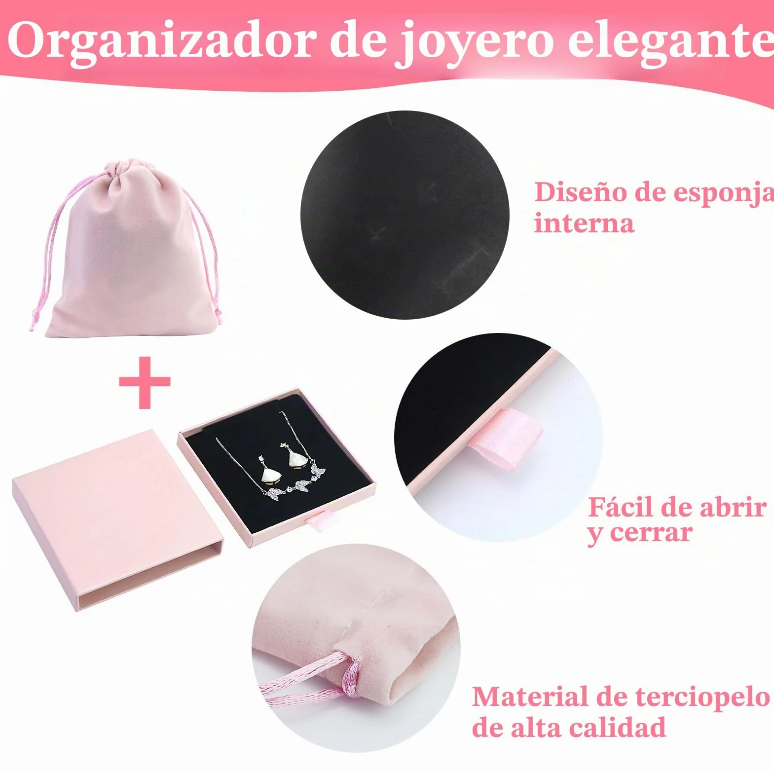 Caja de Regalo para Joyería Rosa con Bolsa de Terciopelo, Organizador de Collares, Pendientes y Anillos