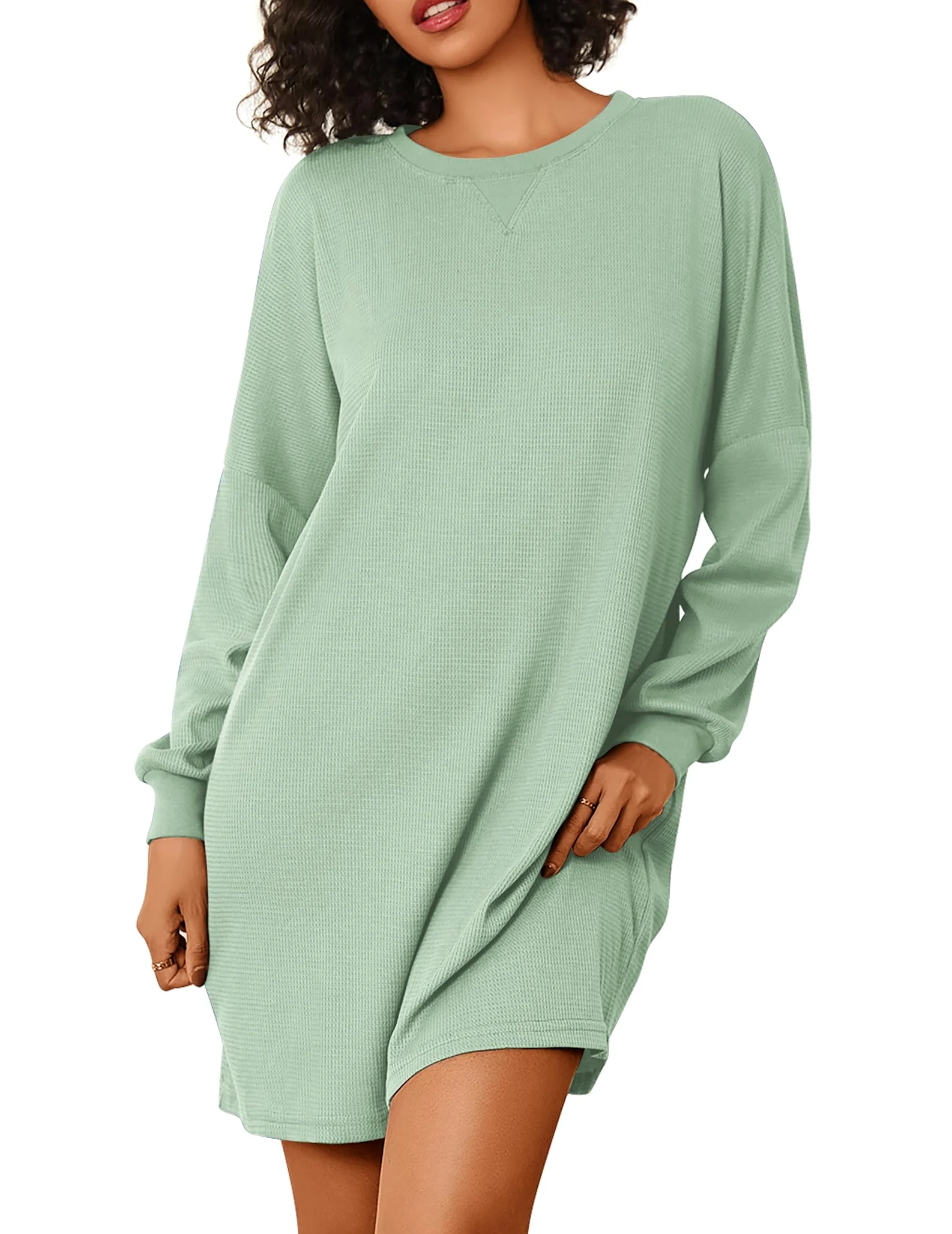 Ekouaer Camisones para mujer, camisas de dormir de manga larga, de punto gofre, vestido de dormir suave, ropa de dormir de gran tamaño