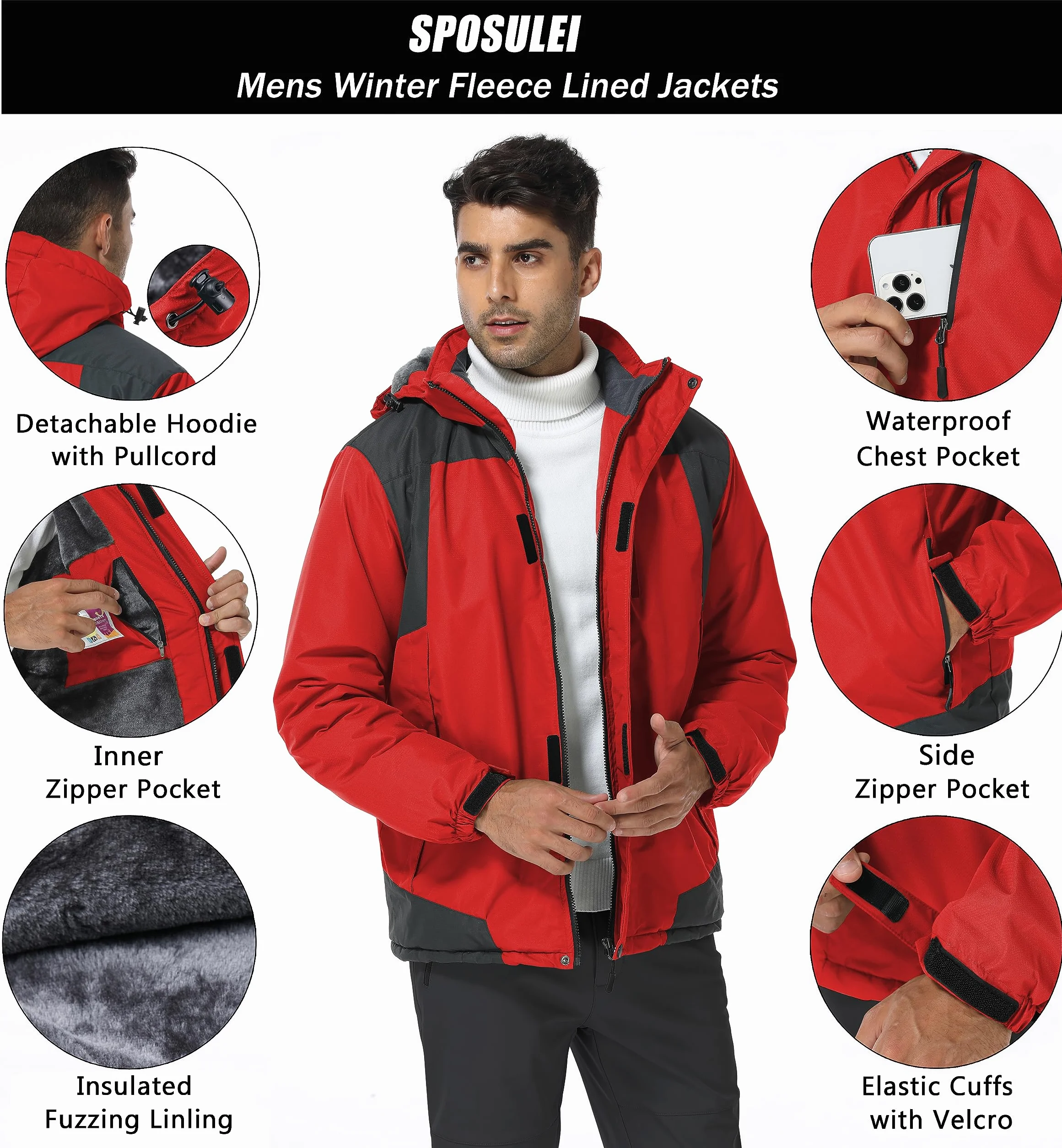 SPOSULEI Chaquetas de esquí para hombre con Hood impermeable forro polar a prueba de viento múltiples bolsillos