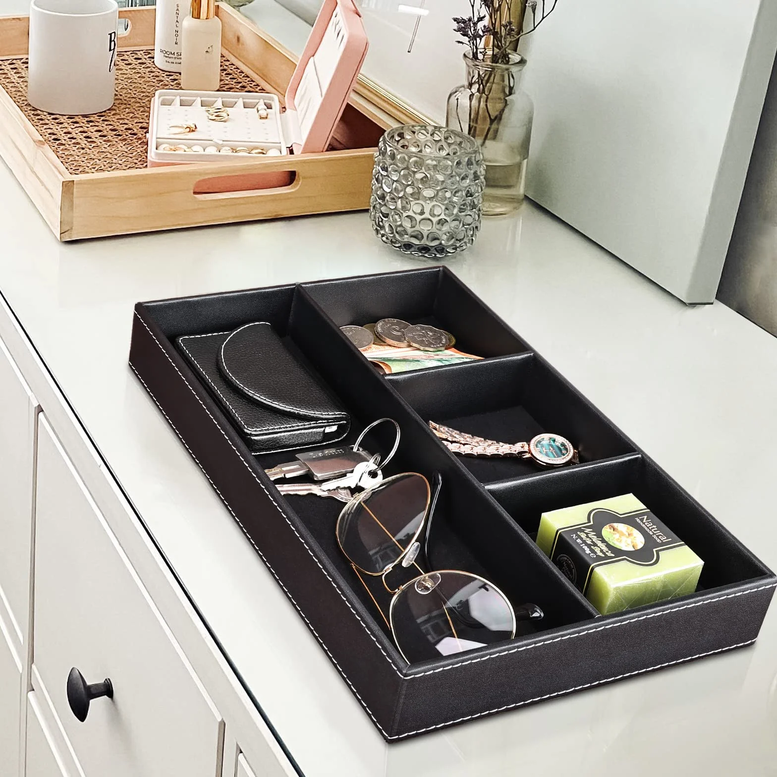 GORESE Bandeja de Valet Cuero, Bandeja Organizador de Escritorio Bandeja de Almacenamiento Aparador Organizador, Captura para Llaves, Teléfono, Billetera, Moneda, Joyería y Mesa de Noche(Negro)