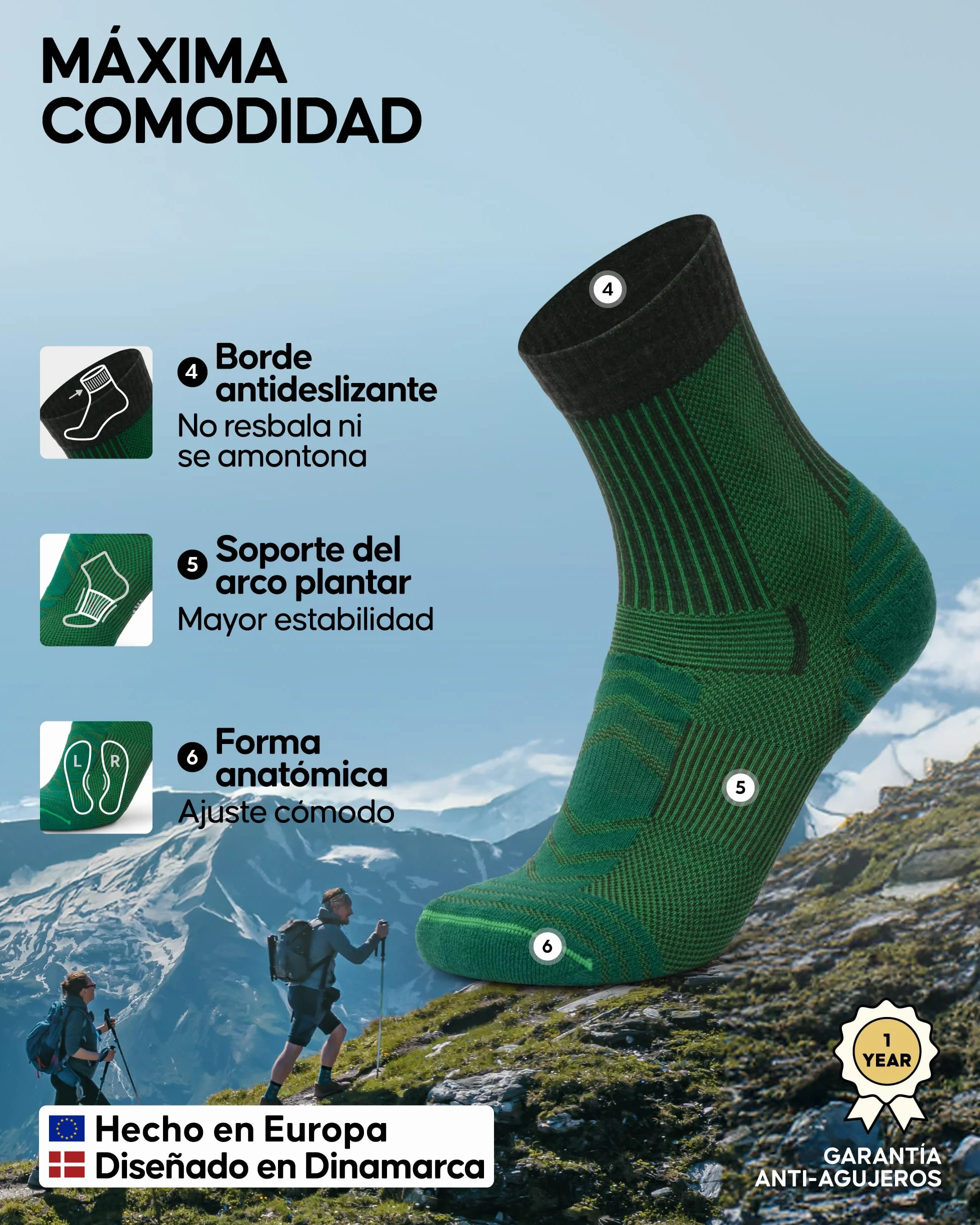DANISH ENDURANCE Calcetines Antiampollas Senderismo Lana Merino Ligeros Unisex 3 Pack