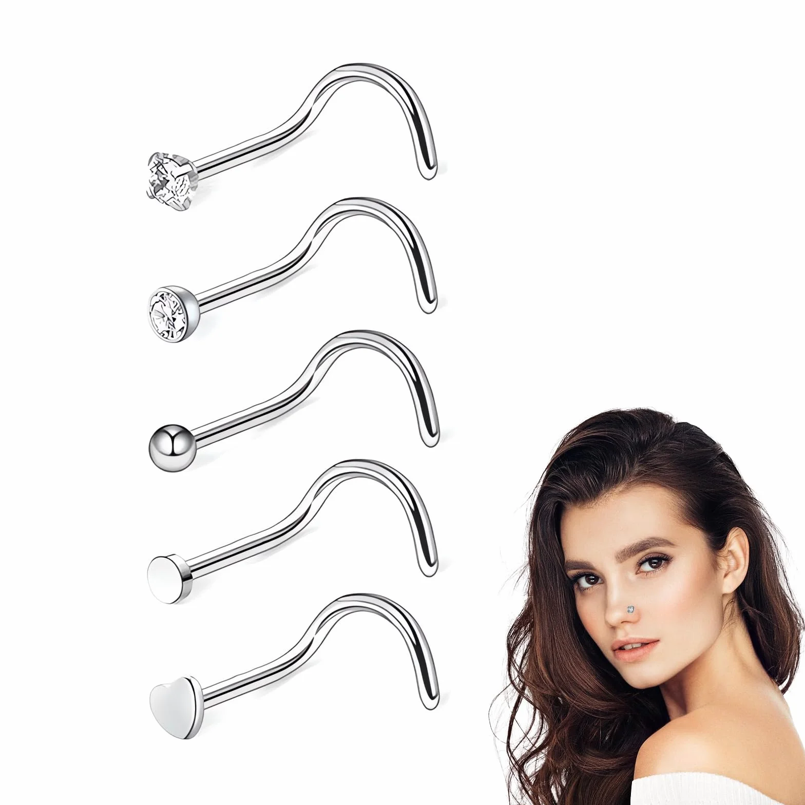 Piercing nariz plata 20G acero quirúrgico delgada barra de cristal Kit Regalo Mujeres Hombres Niñas