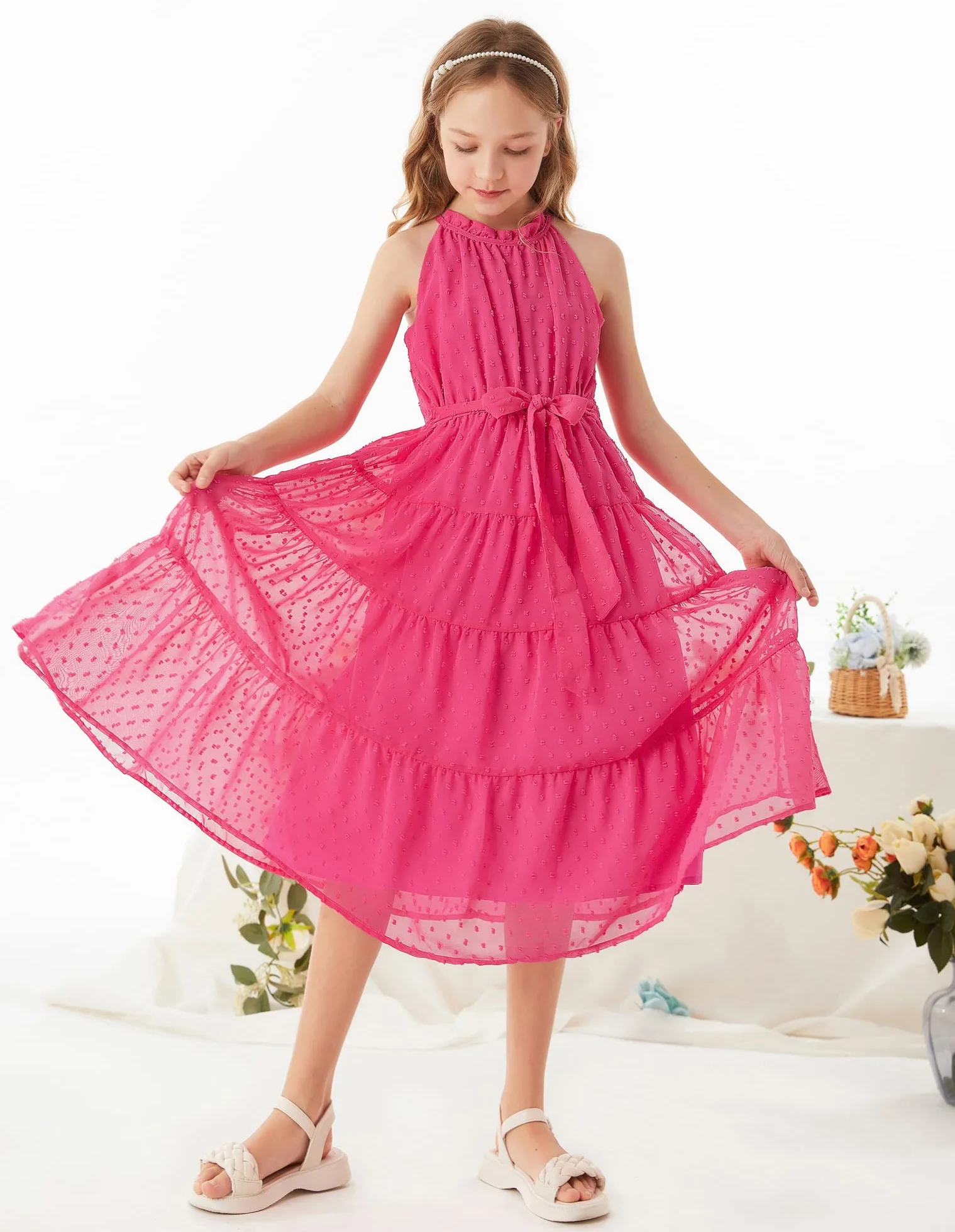 GRACE KARIN Vestido Niña Elegante Gasa Malla Escote Halter 6-12 Años