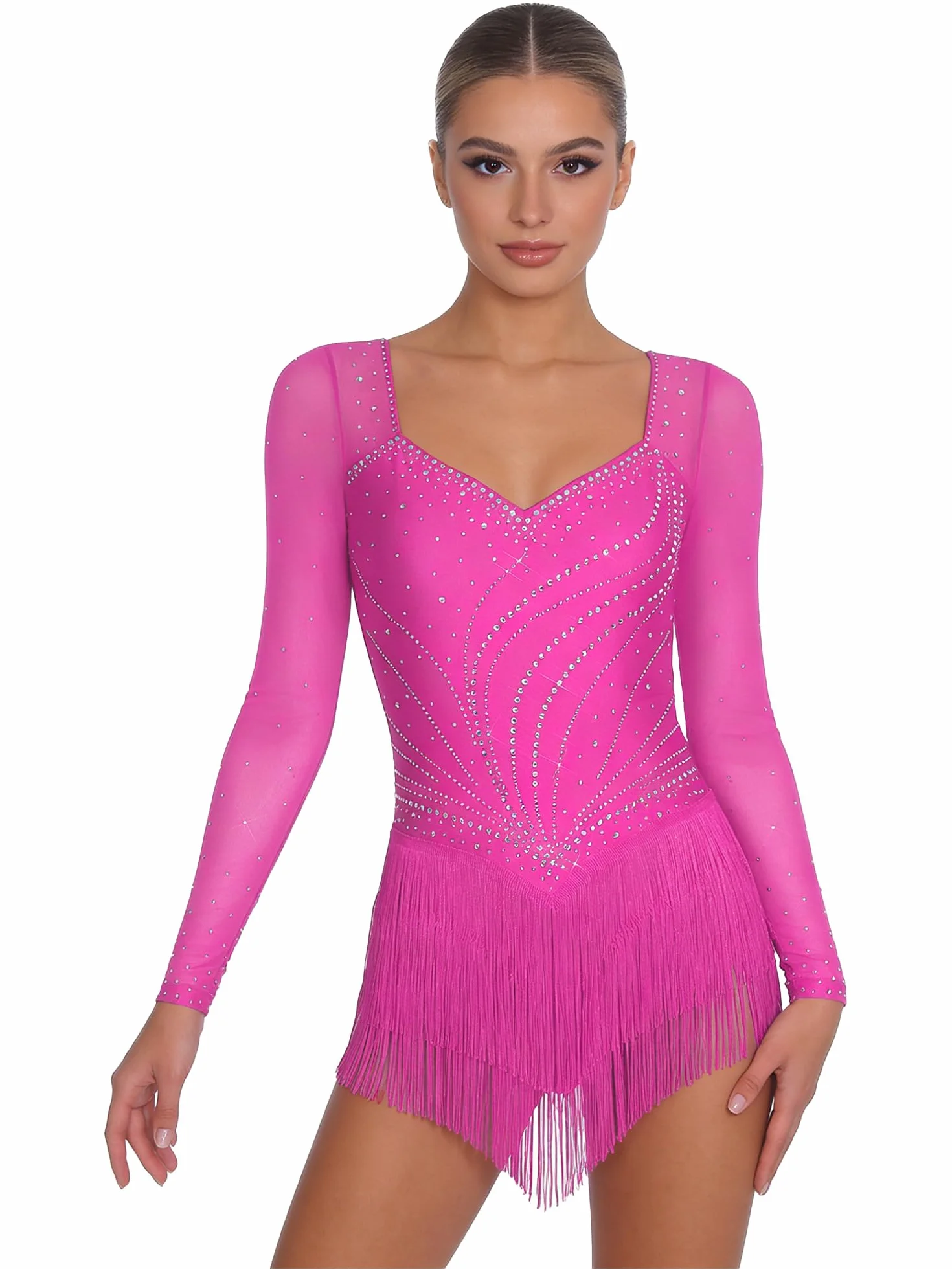 Vestido de Baile Salsa con Flecos Manga Larga Pedrería Brillante Latino Profesional Rumba Vals