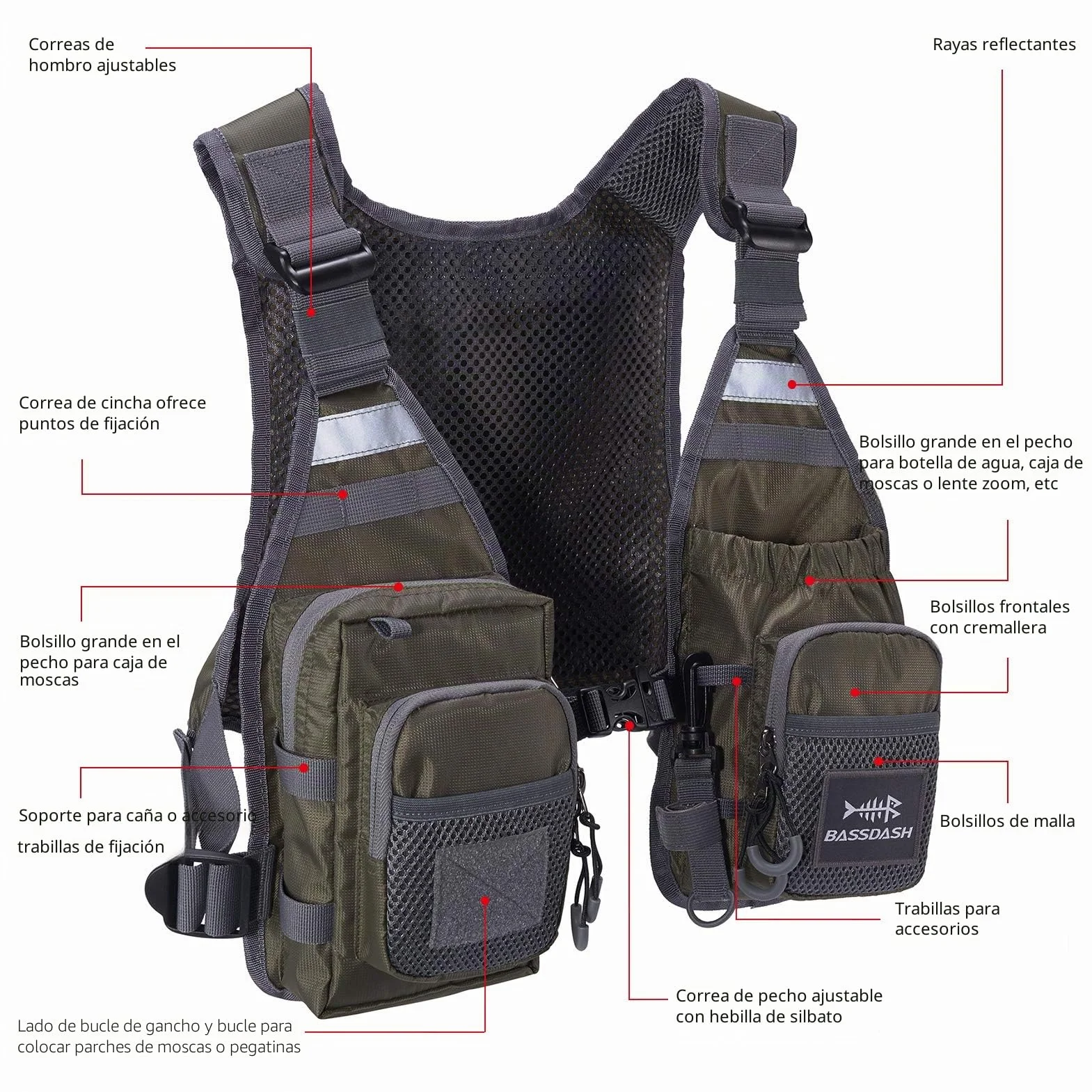 Bassdash FV08 Chaleco de Pesca con Mosca Ultraligero Unisex Portátil
