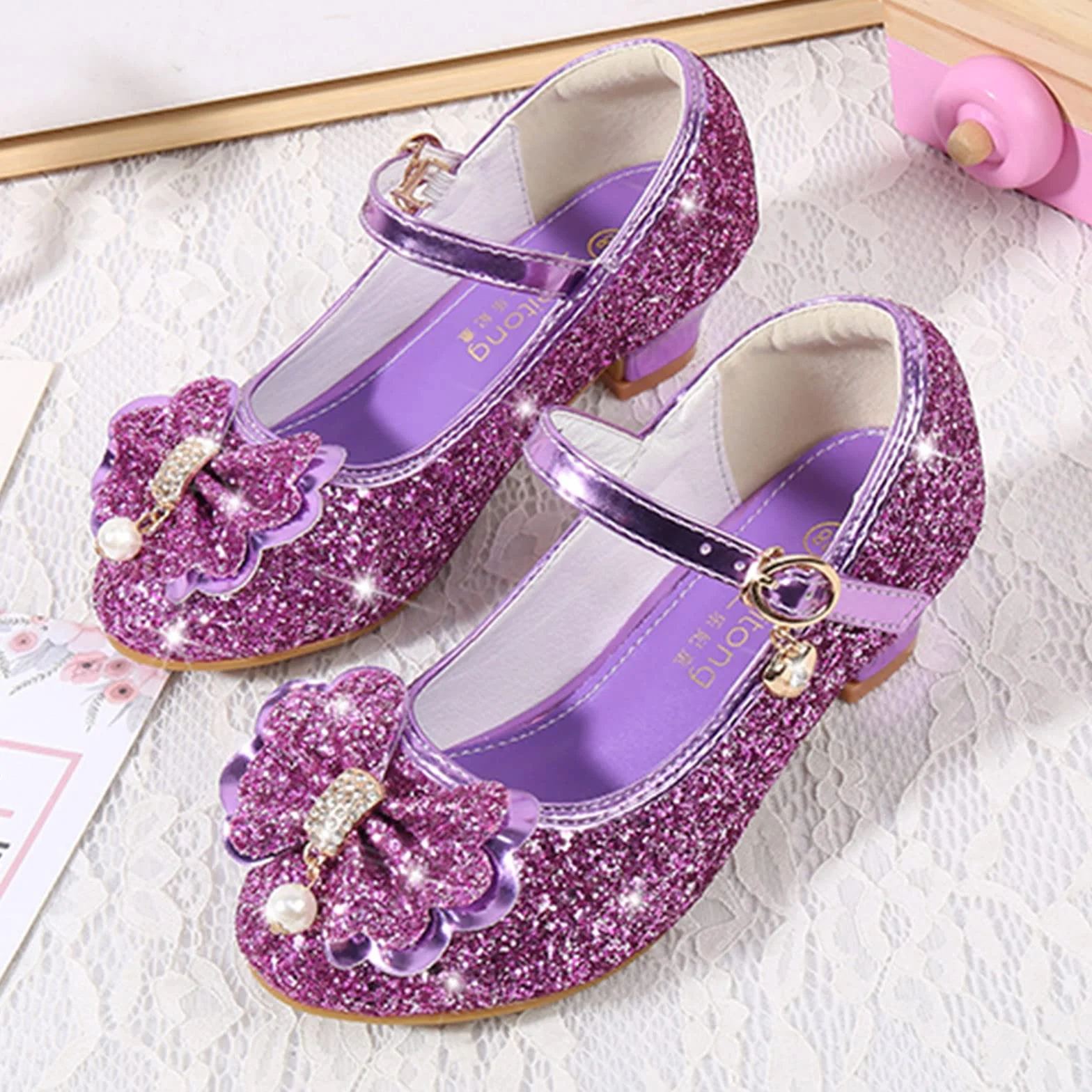 Zapatos de noche purpurina pedrería princesa lazo Mary Jane tacón grueso para niños niñas