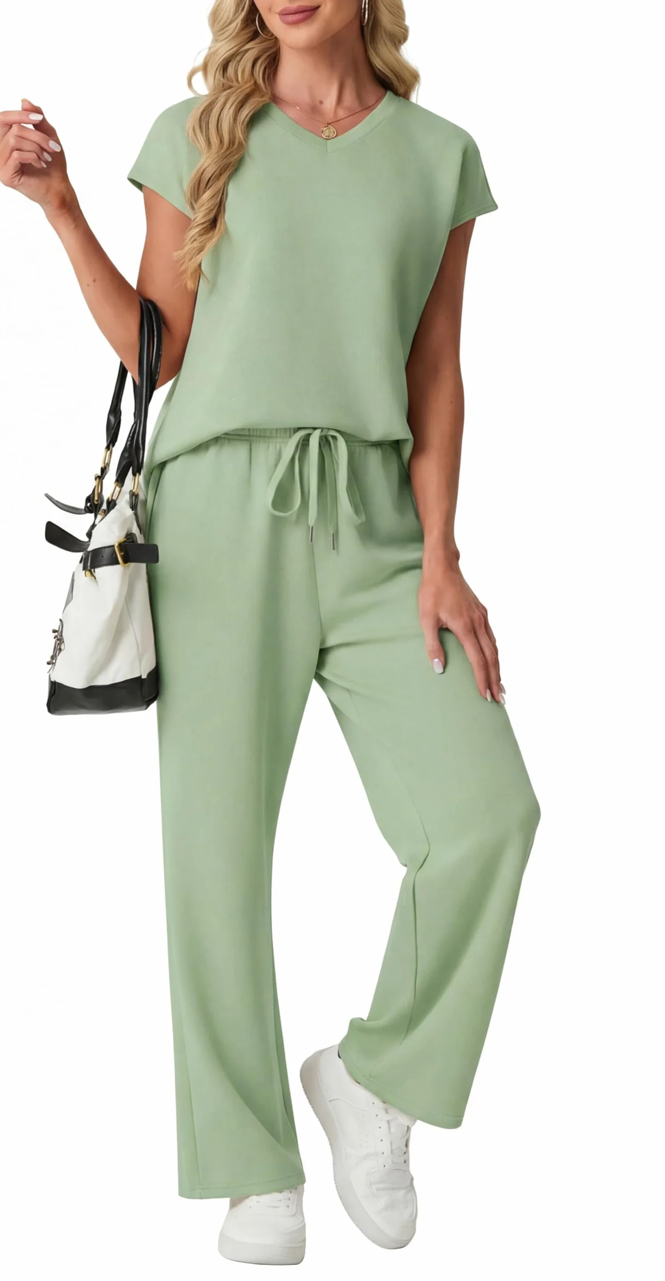 GRECERELLE Conjunto completo de chándal para mujer, de manga corta, de verano, para descansar, conjunto de dos piezas, casual, cuello redondo, tops y pantalones deportivos para gimnasio con bolsillos