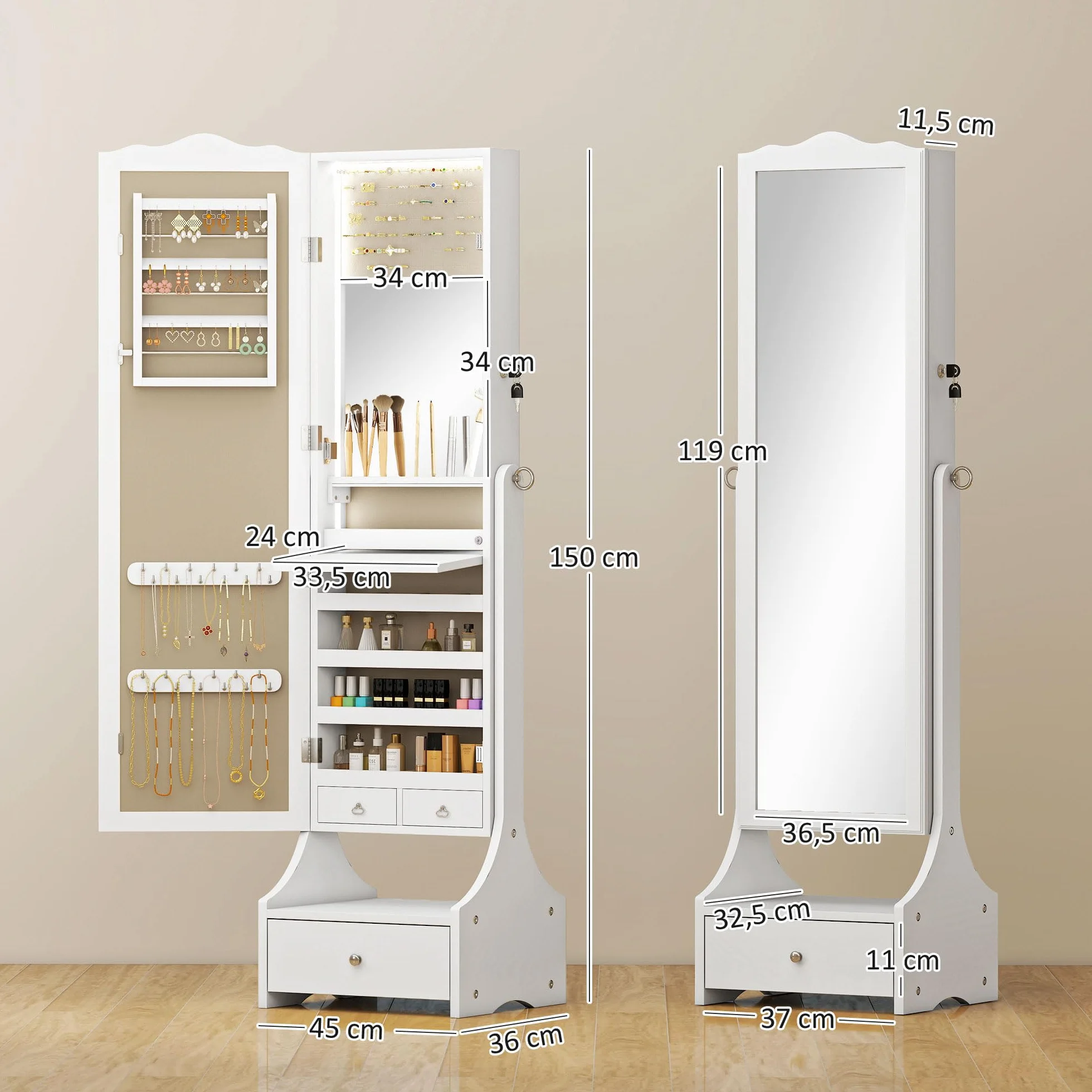 HOMCOM Armario Joyero con Espejo LED, Luces Apagado Automático, Blanco
