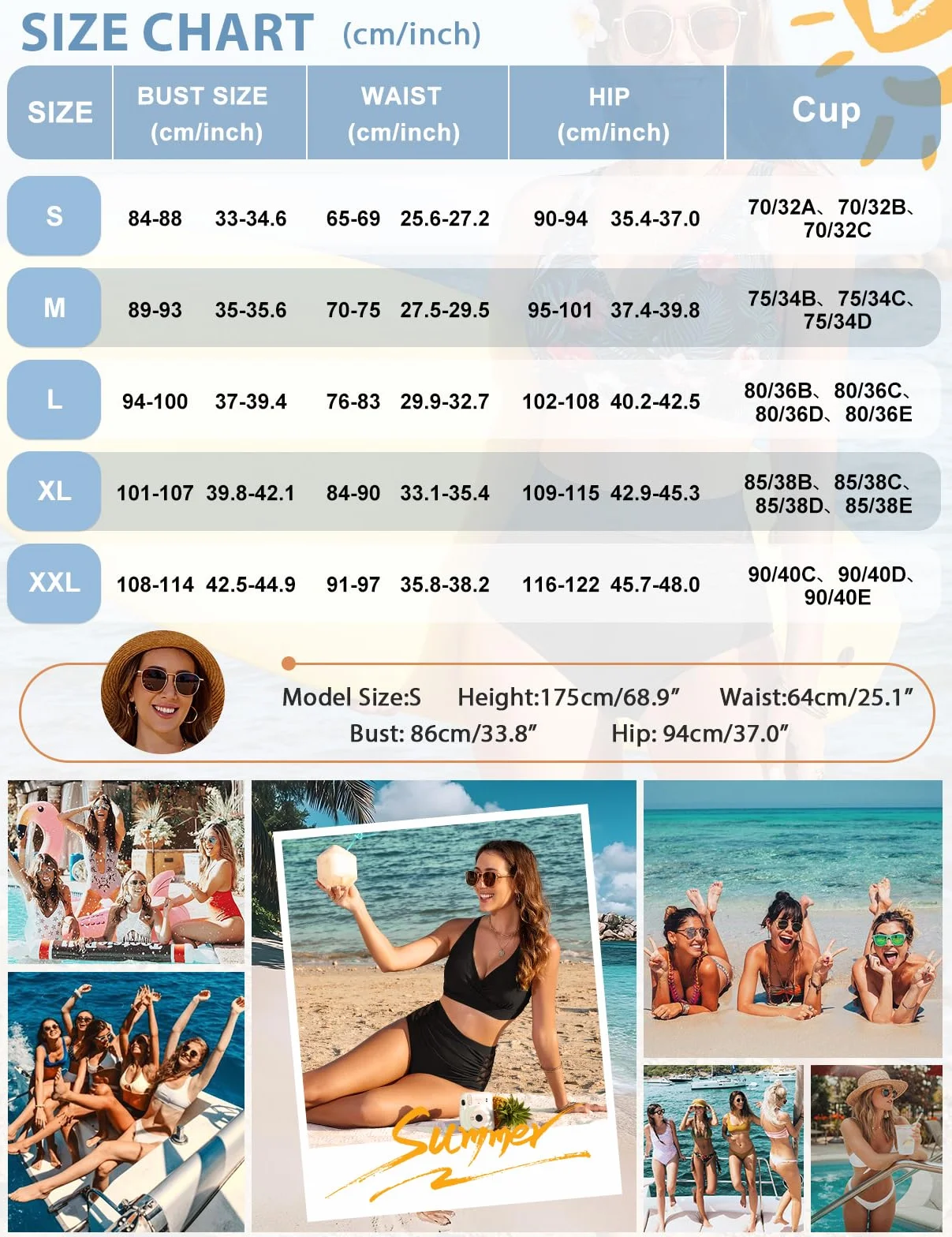 CMTOP Bikinis Traje de Baño Dos Piezas Cuello en V Bañadores Mujer Reductores Cintura Alta Control de Vientre Push up