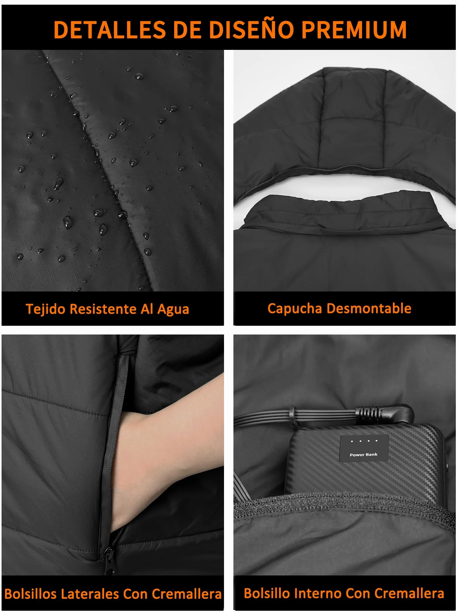 Chaqueta Calefactable 7.4V 16000mAh 7 Zonas de Calor Hombre Mujer con Capucha