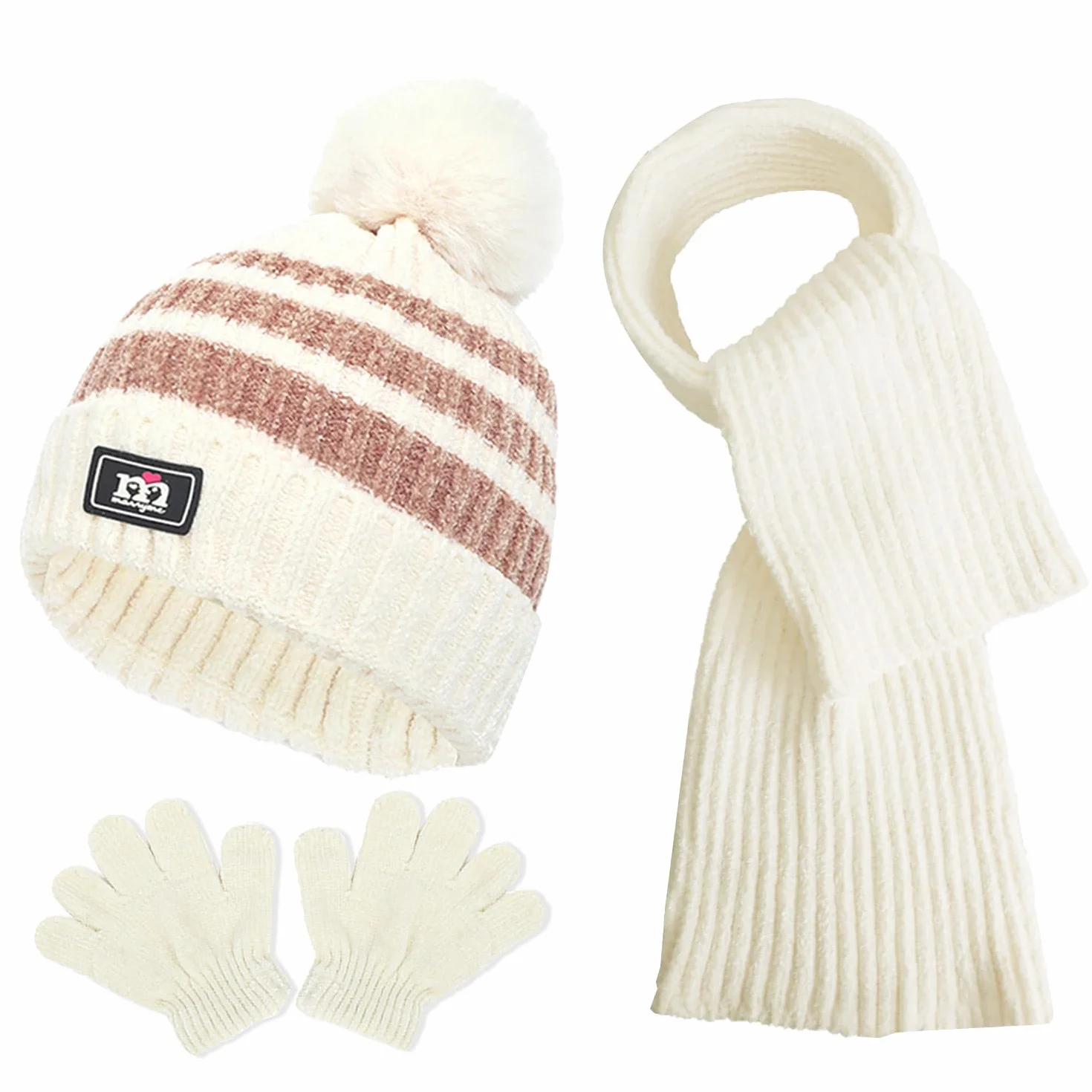 JFAN 3in1 Conjunto de Gorro Guantes y Bufanda de Invierno para Niños Térmico con Pompon Chenille 1-5 Años