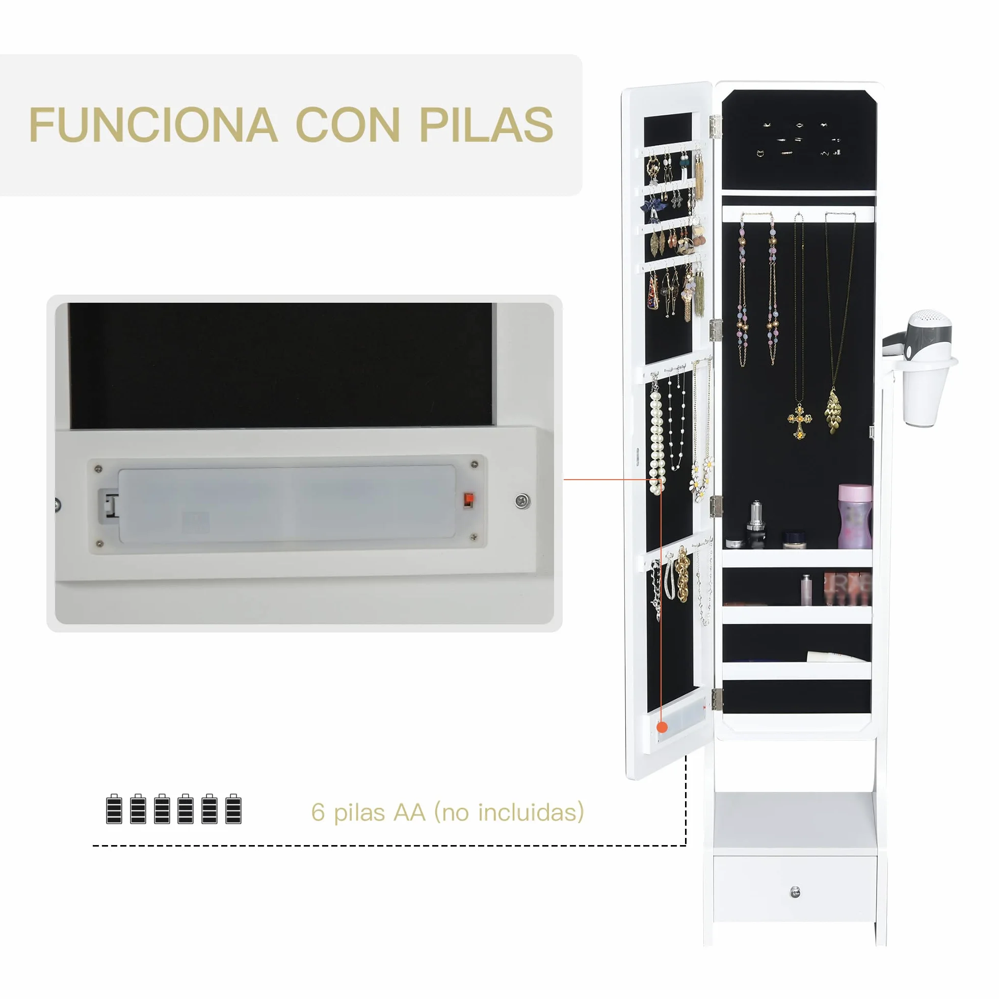 HOMCOM Espejo Joyero LED con Luces Armario Soporte Secador Ajustable Blanco