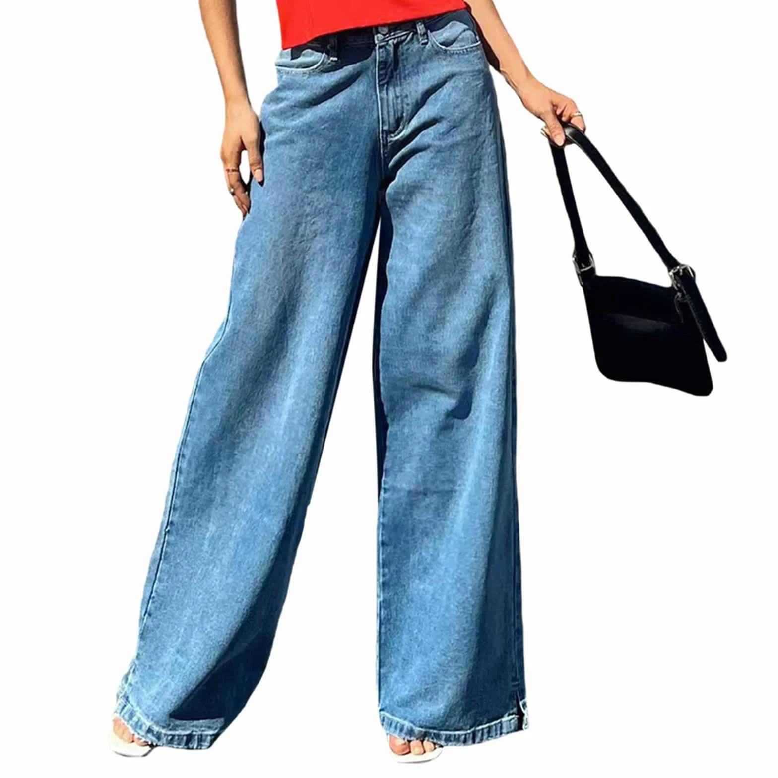 Pantalones Vaqueros de Mujer Mezclilla Pierna Ancha Elásticos Color Sólido con Bolsillos