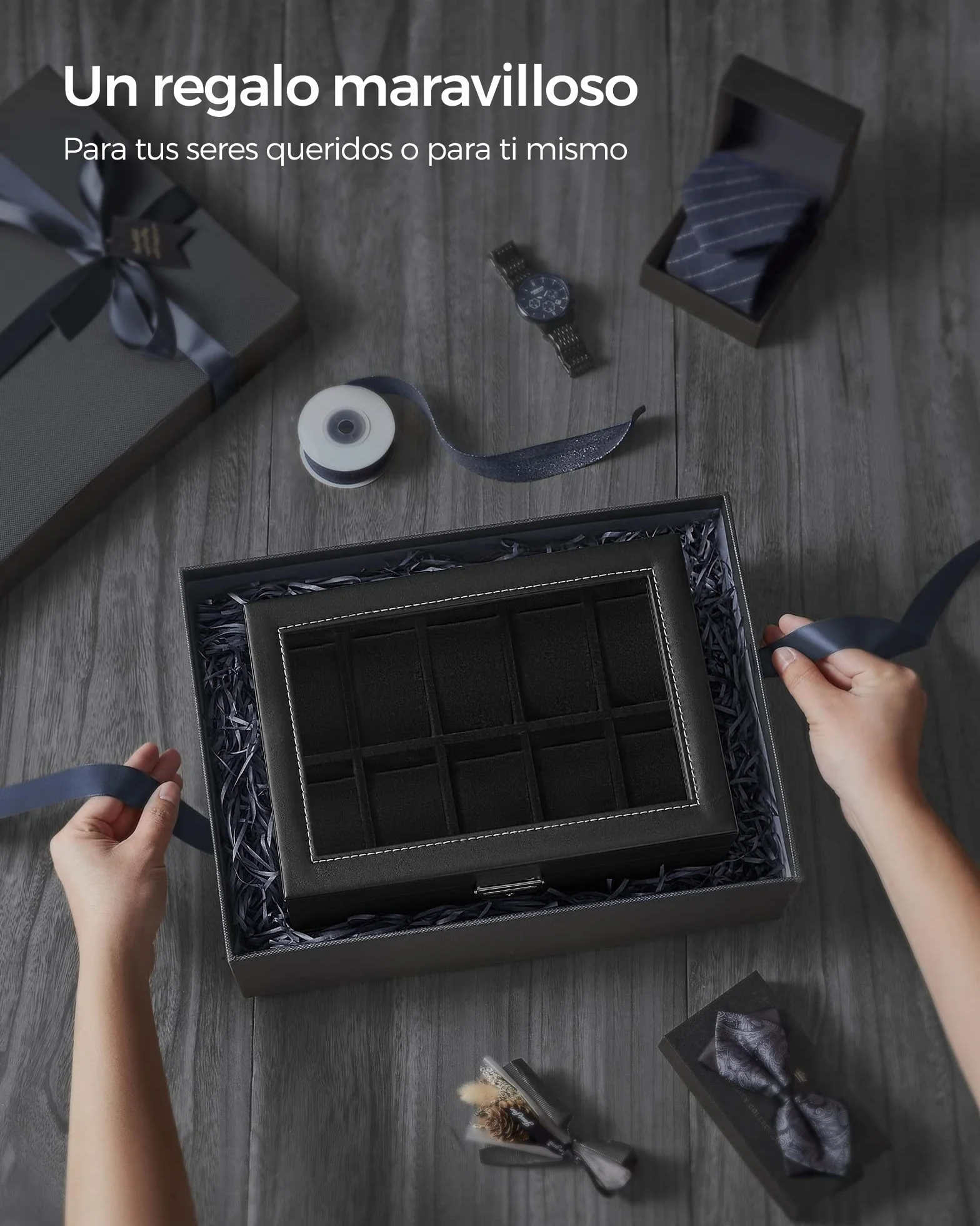 SONGMICS Caja de Relojes 2 Niveles con Tapa de Cristal, Cerradura, Cuero Sintético Negro