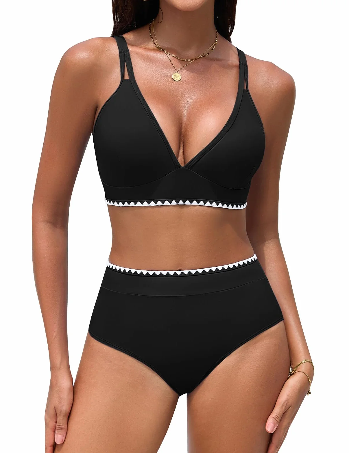 Bikini Mujer Cintura Alta Push Up Cuello En V Bañadores 2 Piezas Pliegues Reductores Control Abdominal