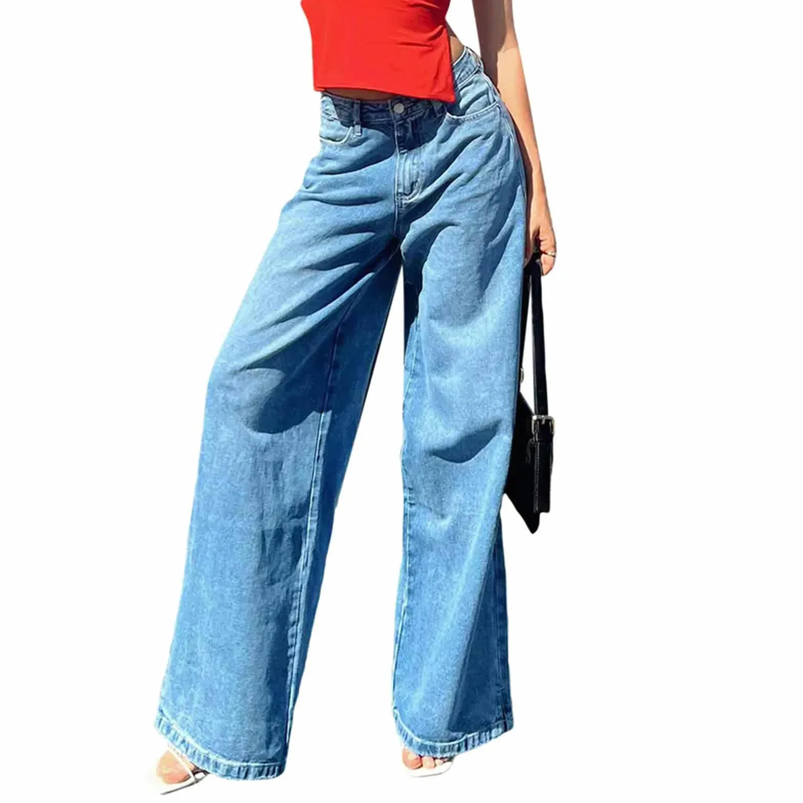 Pantalones Vaqueros de Mujer Mezclilla Pierna Ancha Elásticos Color Sólido con Bolsillos