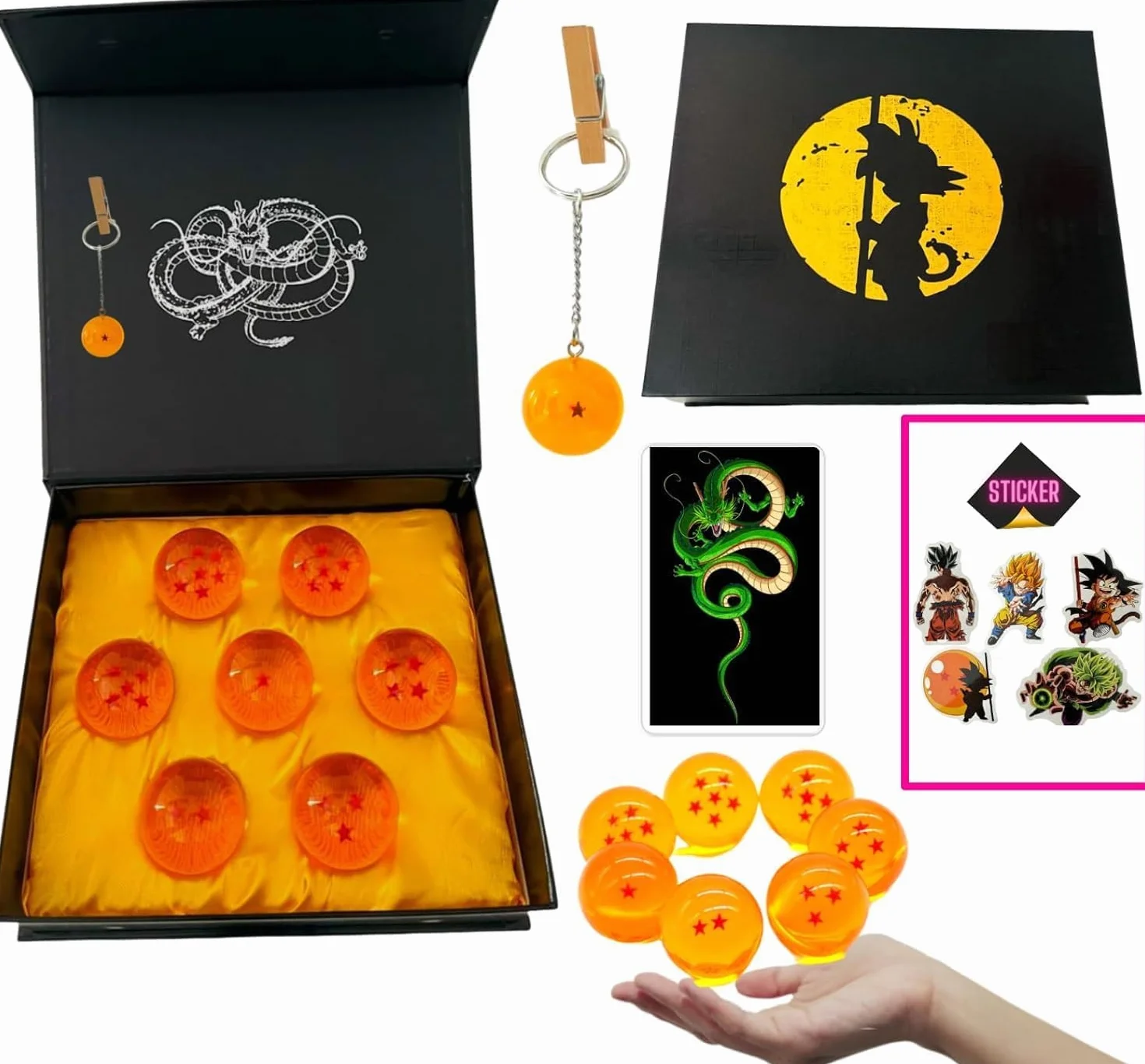 NEXPLORA Set de 7 Bolas de Dragón (1 a 7 Estrellas) Llavero Pegatinas Tarjeta de Invocación 4,3 cm
