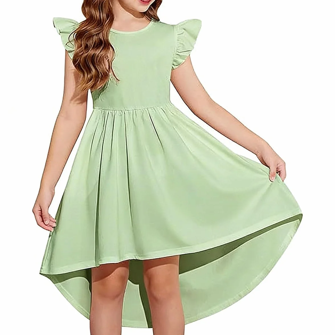 Vestido Niña Casual Corte Asimétrico con Bolsillos Cuello Redondo Elegante
