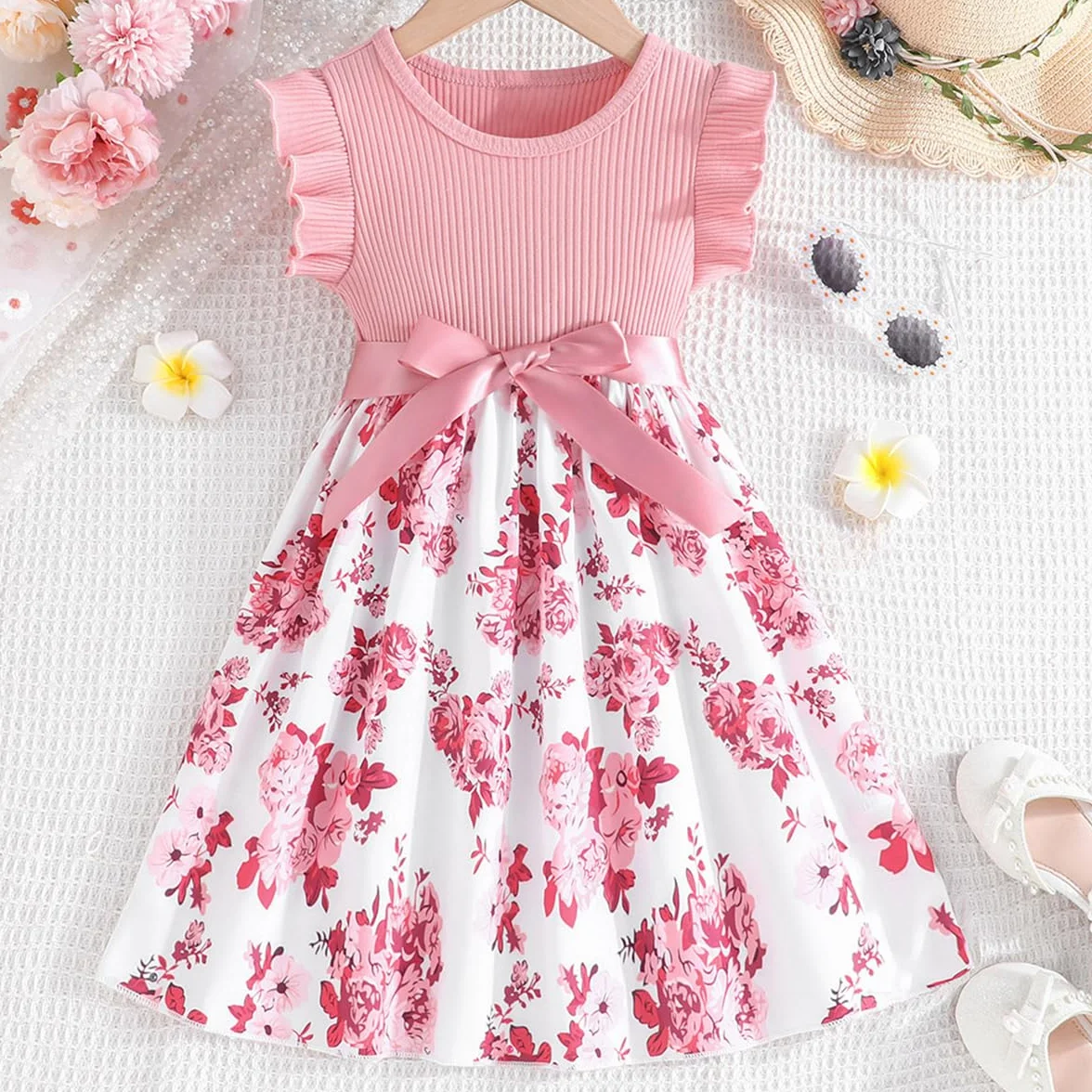 Vestido Princesa Niña Moño Flor Mangas Cortas Patrón Mariposa Fiesta Verano 4-8 años