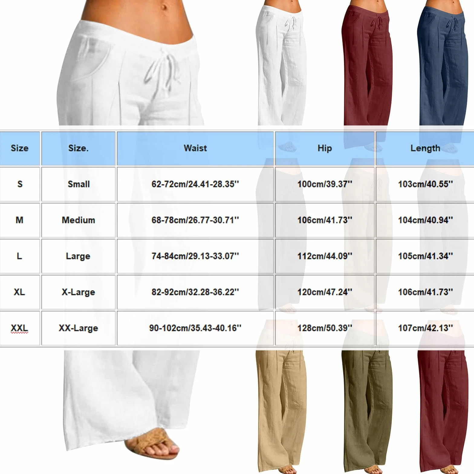 Pantalones de Lino Mujer Algodón Cintura Elástica Cordón Pierna Ancha Rectos Cómodos Transpirables Playa
