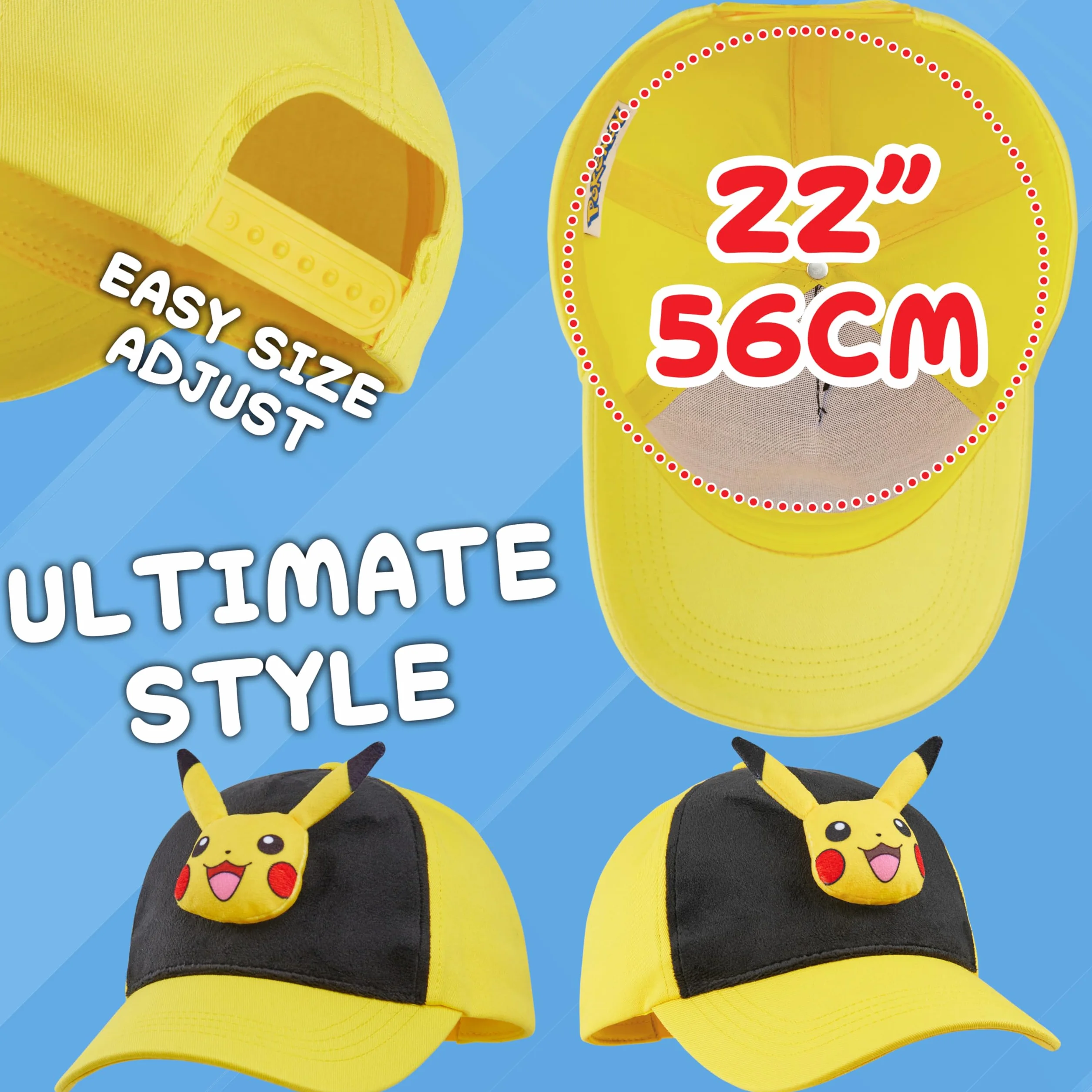Pokémon Gorra Niño 3D Pikachu Bulbasaur, Anime Gorras Infantiles Ajustable Peluche Regalo