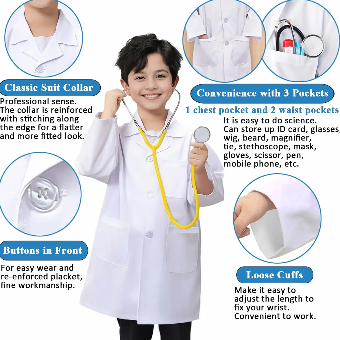 Bata Laboratorio Algodón Blanca Manga Larga Niño Niña Disfraz Científico Médico Enfermera Doctor