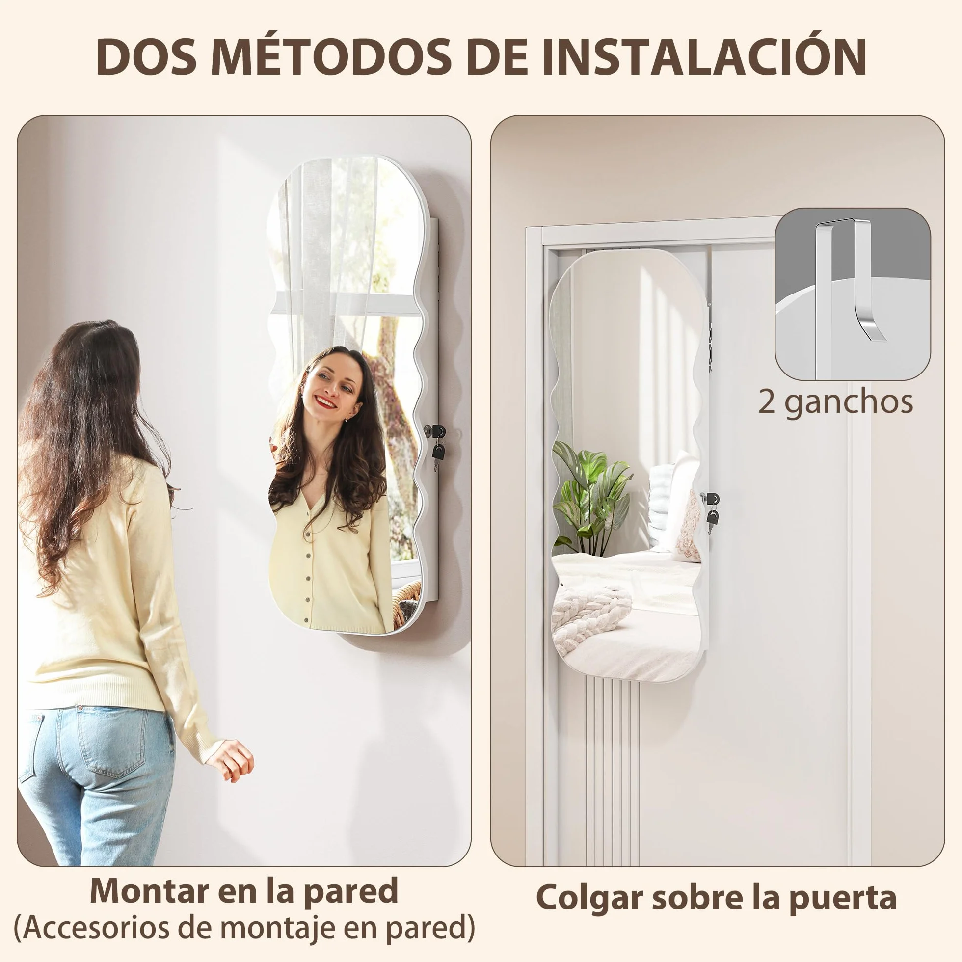 HOMCOM Espejo Joyero con Luz LED 3 Colores, Armario para Joyas Montado en Pared, Espejo Entero, Blanco