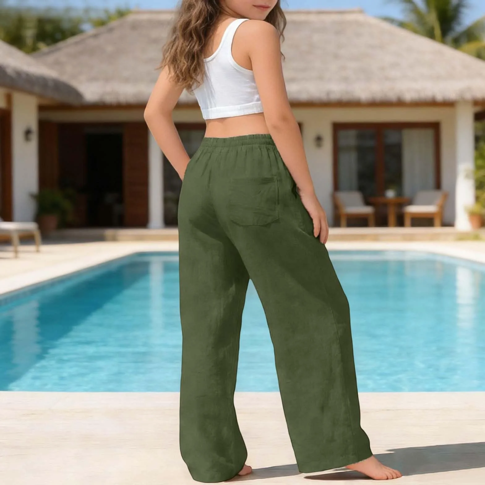 Pantalones de Verano Niña, Casuales Largos Elásticos con Bolsillos Deportivo para 4-15 años