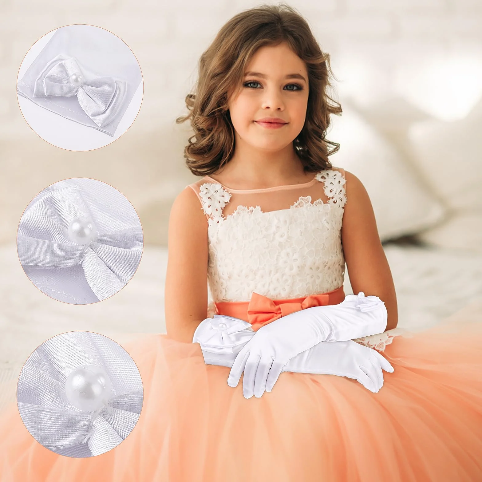 Yolev Guantes de Niña de Satén Blancos Largos con Lazo Formales para Boda Primera Comunión
