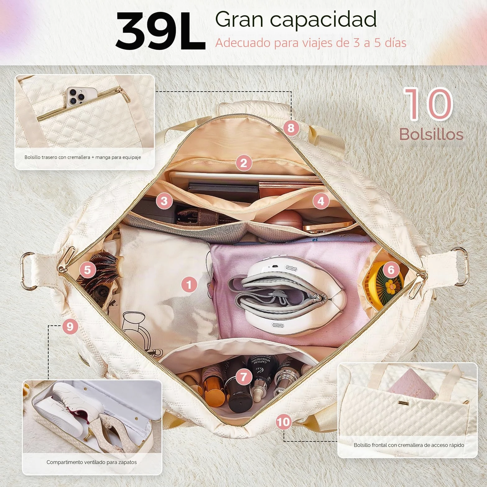 Gloppie 39L Bolsa de Viaje Grande Mujer, Bolsa Deportiva con Neceser, Ligera Bolsa Maternidad Hospital con Compartimento para Zapatos, Transporte Equipaje Yoga Deporte Gimnasio, Beige