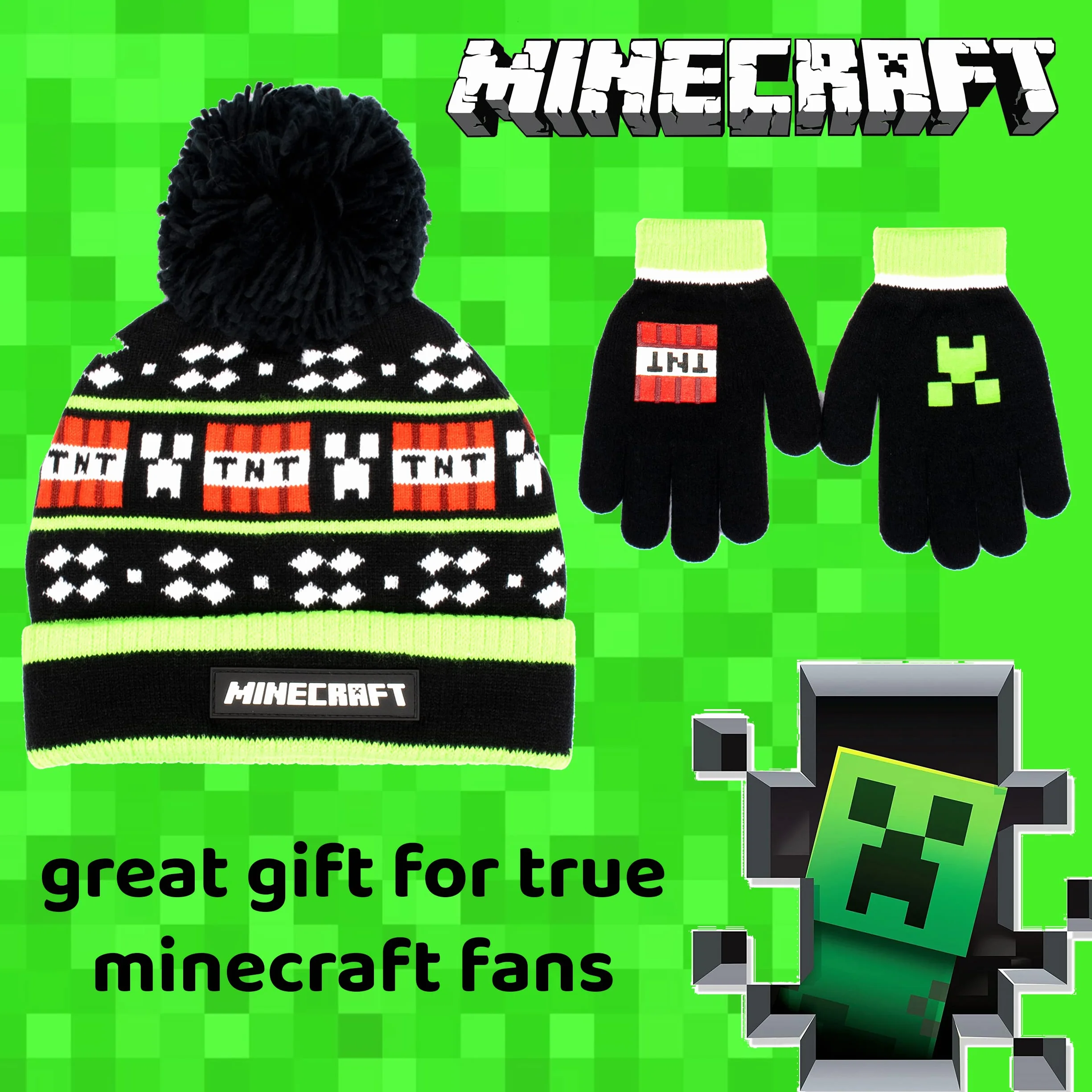 Minecraft Gorro y Guantes de Lana Negros para Niños - Diseño de Píxeles - Talla Única 6-12 Años - Mercancía Oficial