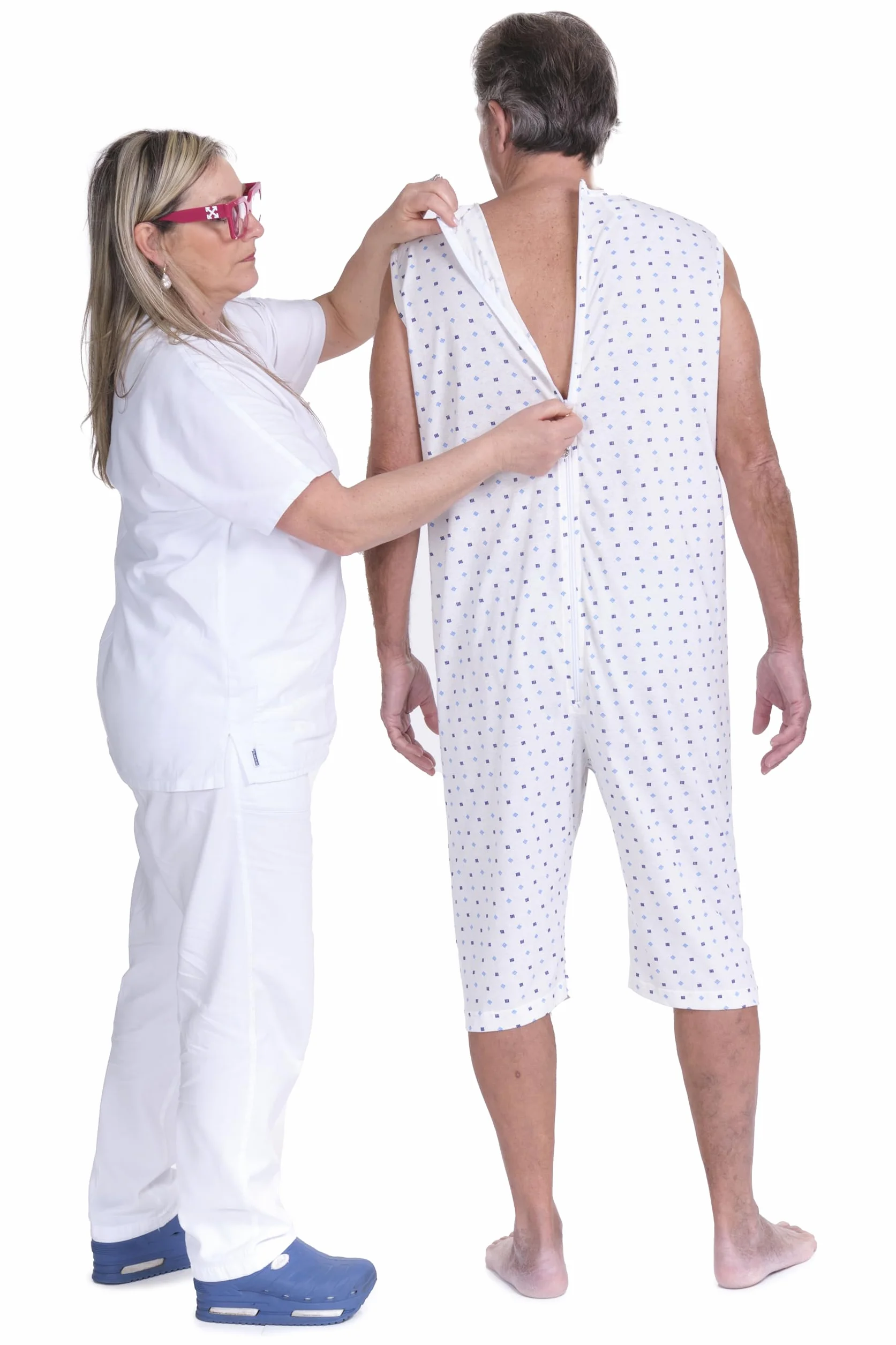 FERRUCCI COMFORT Pijama sanitario sin mangas 100% algodón con cremallera dorso para ancianos incontinencia Alzheimer