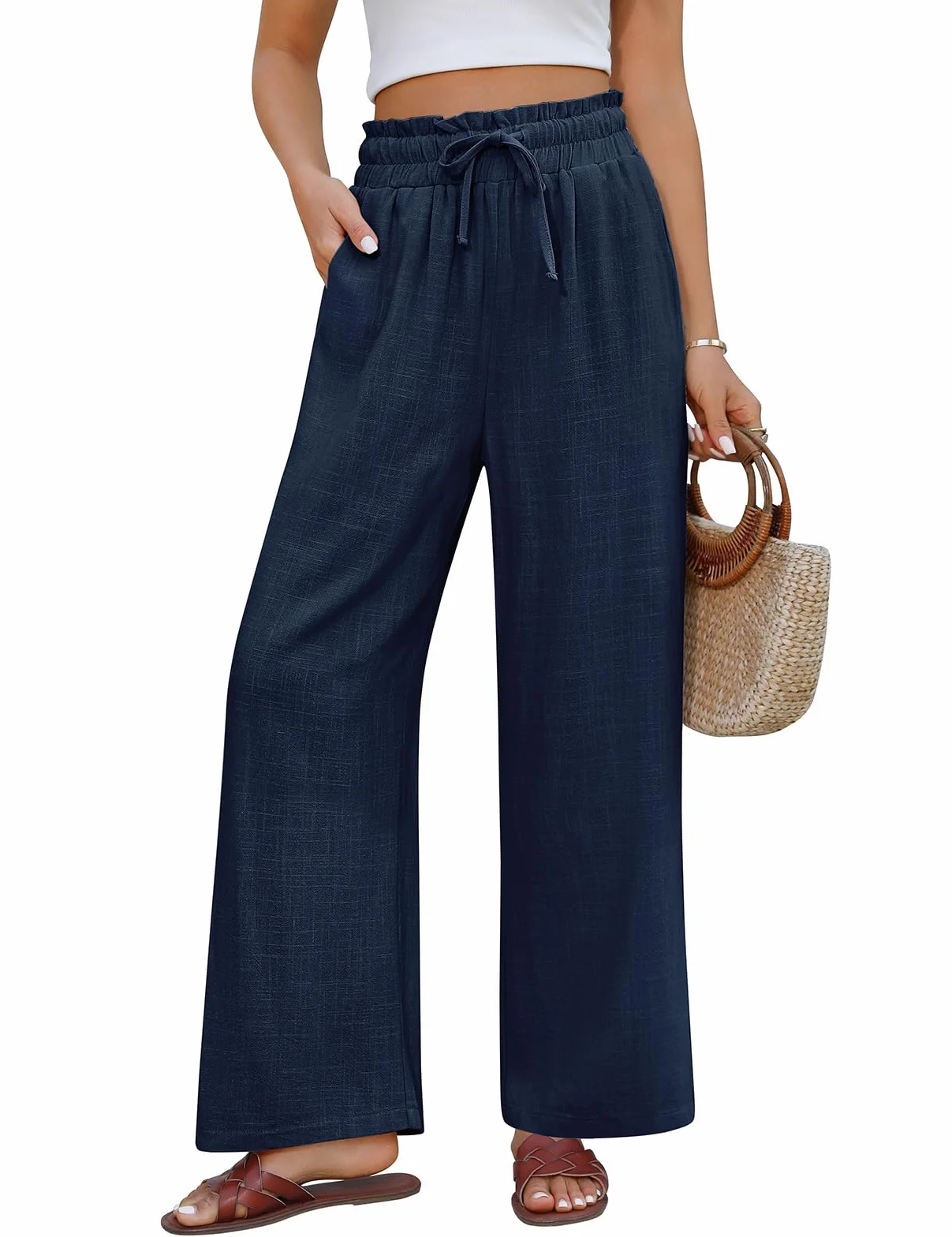 Pantalones Mujer Verano Lino Algodón Cintura Alta Elástica Anchos Casual