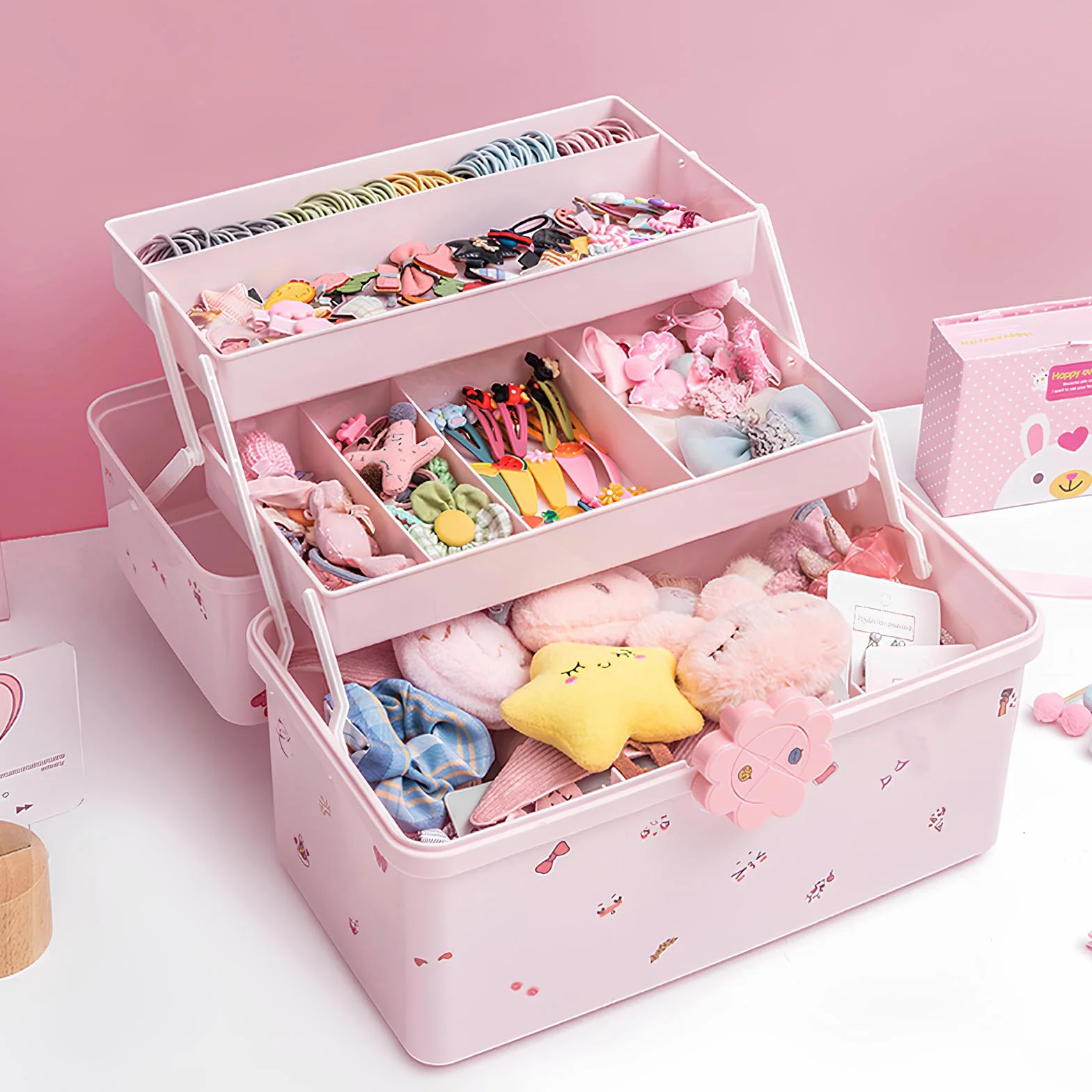 Caja de Almacenamiento Rosa para Accesorios de Cabello - Organizador