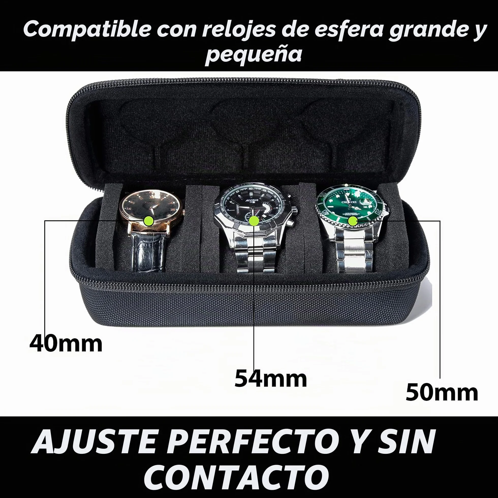 Estuche rígido de viaje para reloj de 3 ranuras, organizador con almohada antimovimiento, negro