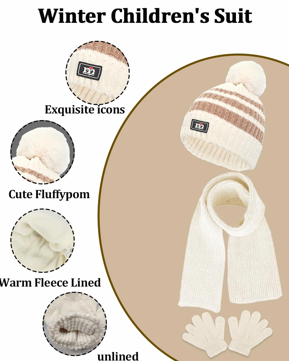 JFAN 3in1 Conjunto de Gorro Guantes y Bufanda de Invierno para Niños Térmico con Pompon Chenille 1-5 Años