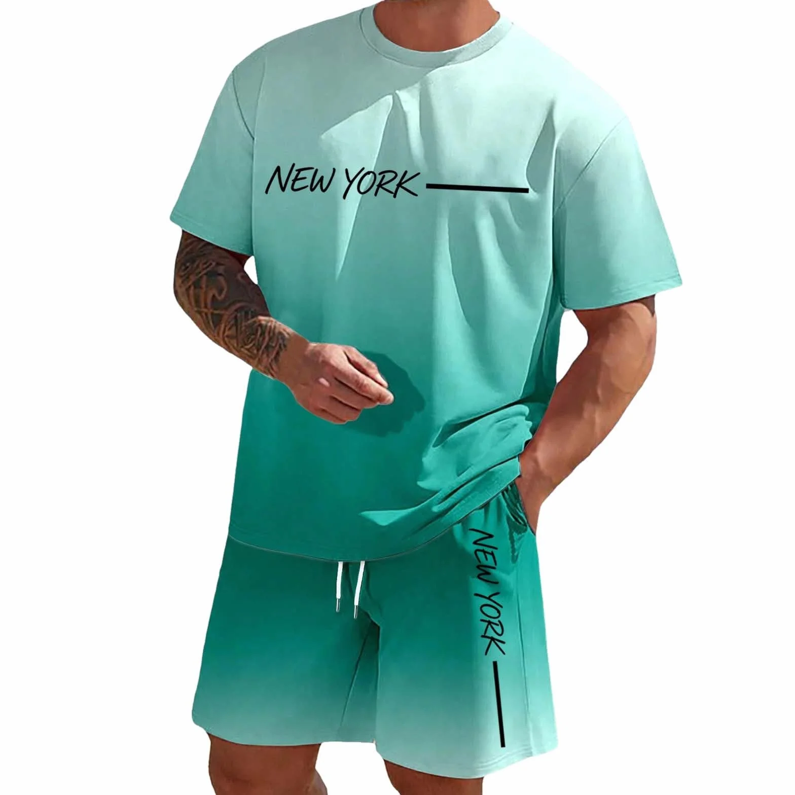 Conjunto Casual de Verano para Hombre Camiseta Manga Corta y Pantalones Cortos Estampado Degradado