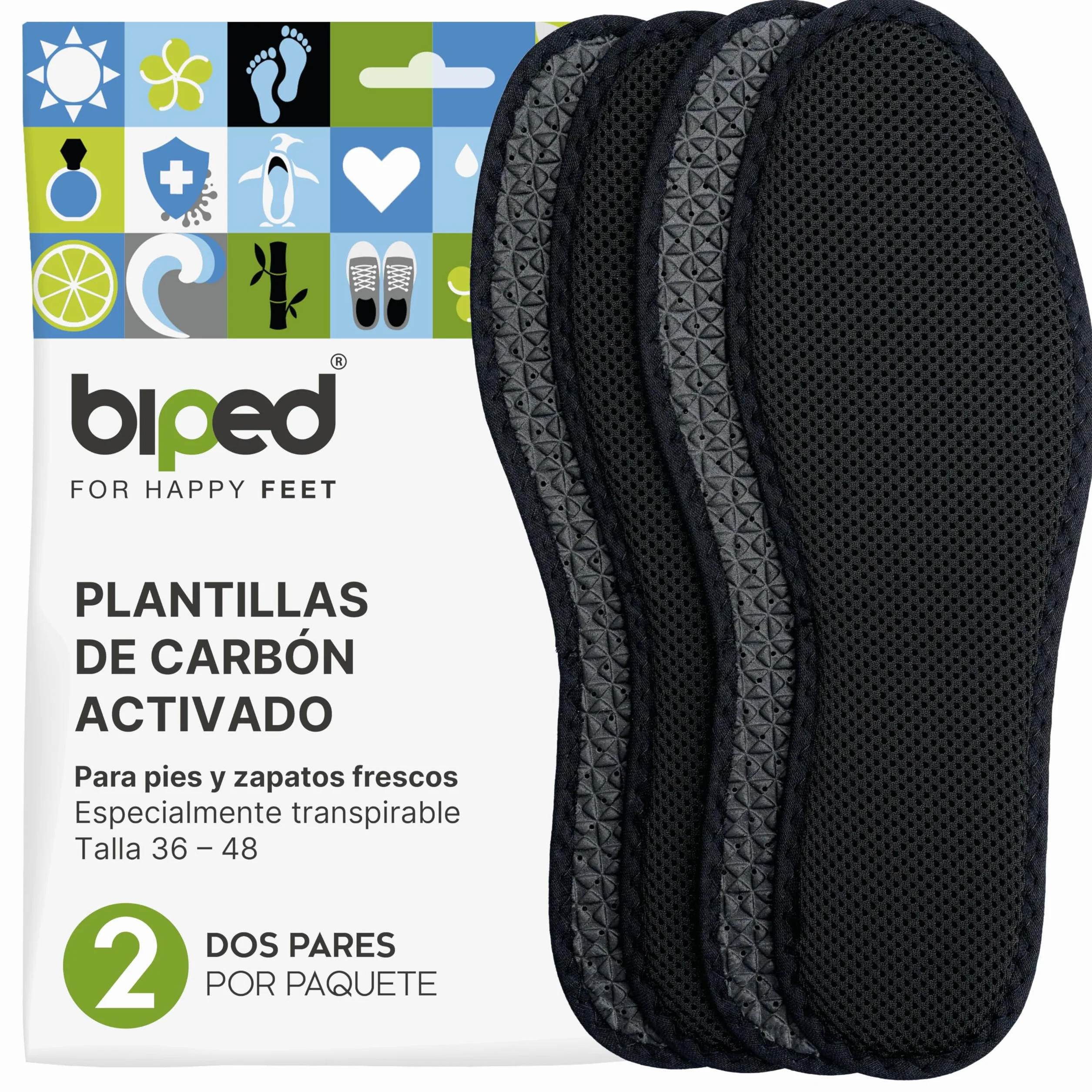 Biped 2 Pares Plantillas de Carbón Activo Frescura Higiénica Lavables Contra el Sudor